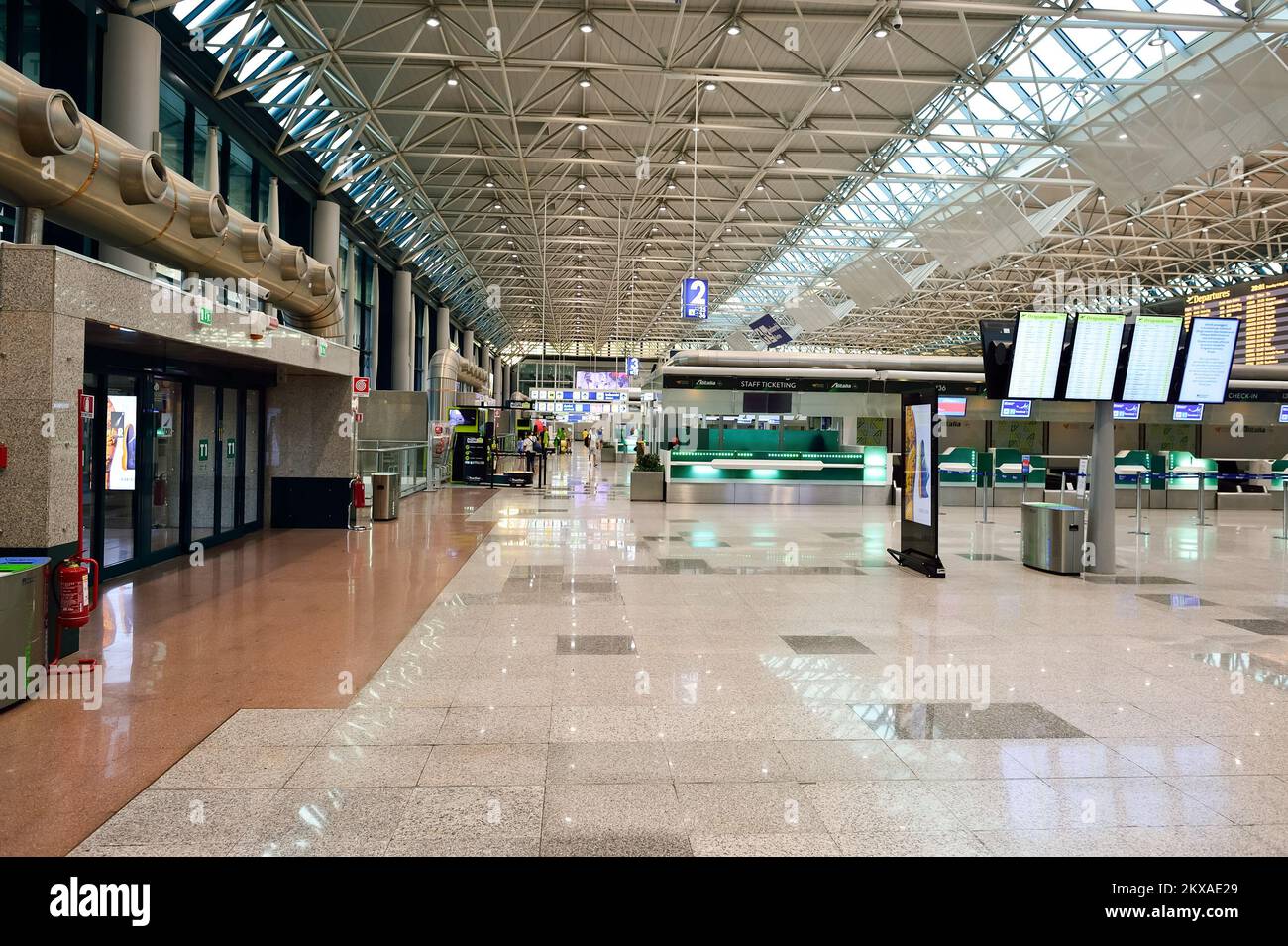 ROME, ITALY - AUGUST 04, 2015: Fiumicino Airport interior. Fiumicino - Leonardo da Vinci International Airport is a major international airport in Rom Stock Photo