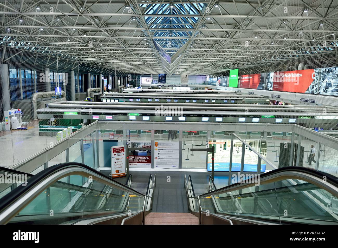 ROME, ITALY - AUGUST 04, 2015: Fiumicino Airport interior. Fiumicino - Leonardo da Vinci International Airport is a major international airport in Rom Stock Photo