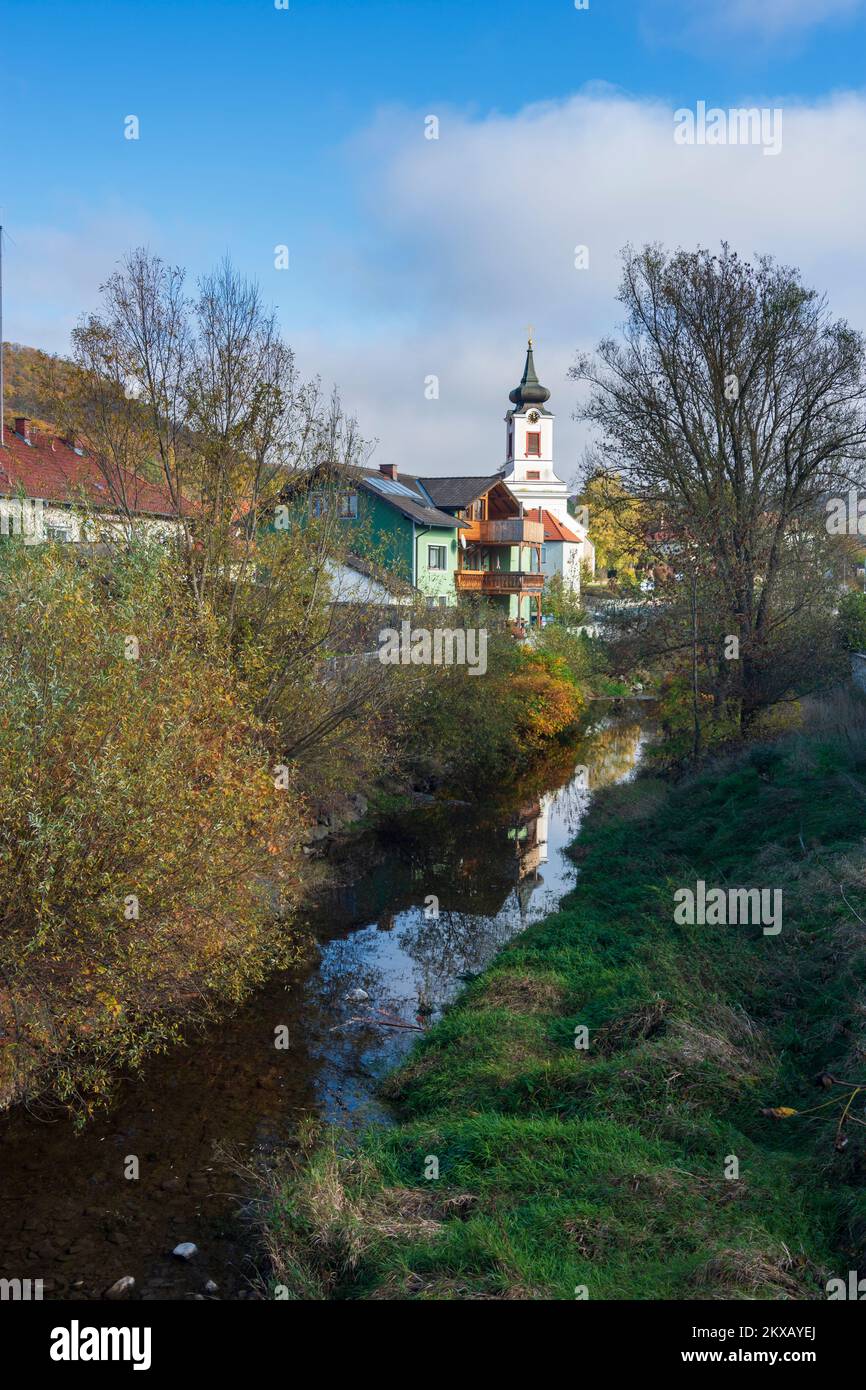 Alland: church Alland, river Schwechat in Wienerwald, Vienna Woods, Niederösterreich, Lower Austria, Austria Stock Photo