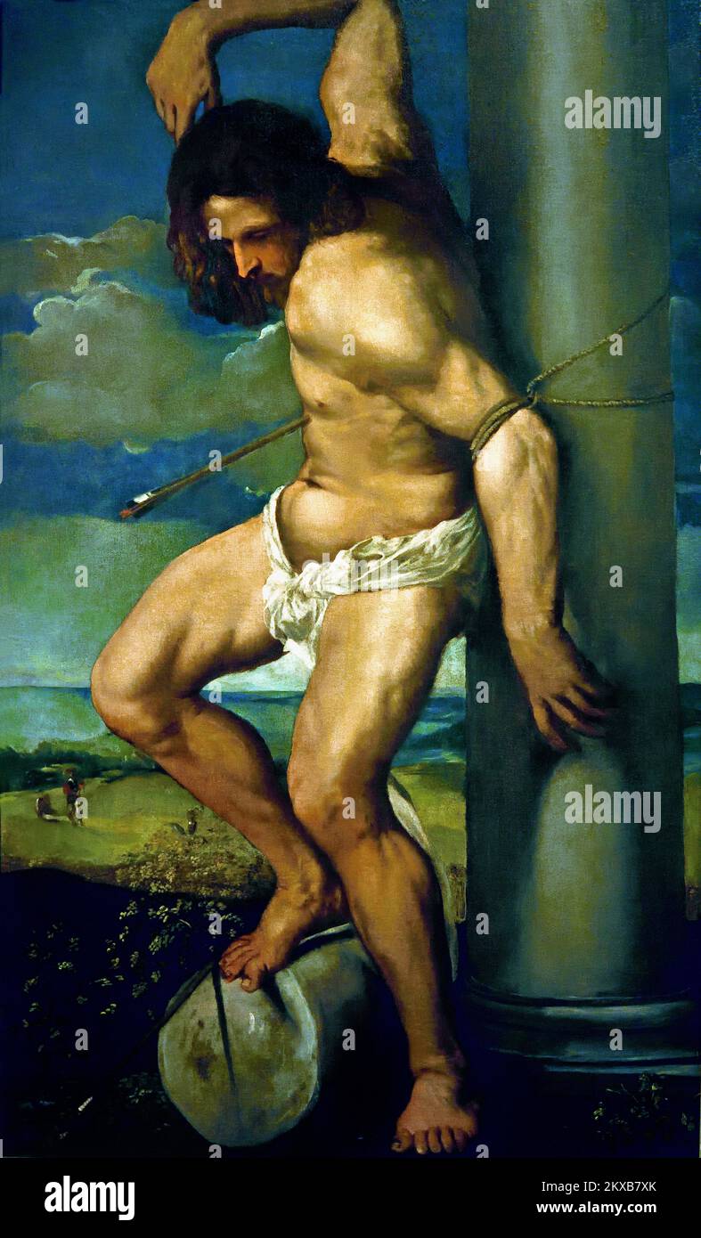 The Martyrdom of Saint Sebastian by CALETTI Giuseppe VECELLIO Tiziano (after), LE TITIEN, (ditto), Ferrara or Cremona, 1600 -1660 ,1st half, 17th century, Italy, Italian, Stock Photo