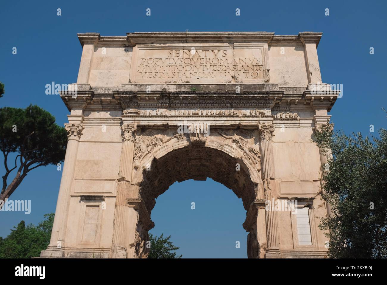 Rome, Italy - Arch of Titus ruins along the Via Sacra in the Roman Forum. Ancient structure celebrating fall of Jerusalem. Symbol of Jewish diaspora. Stock Photo