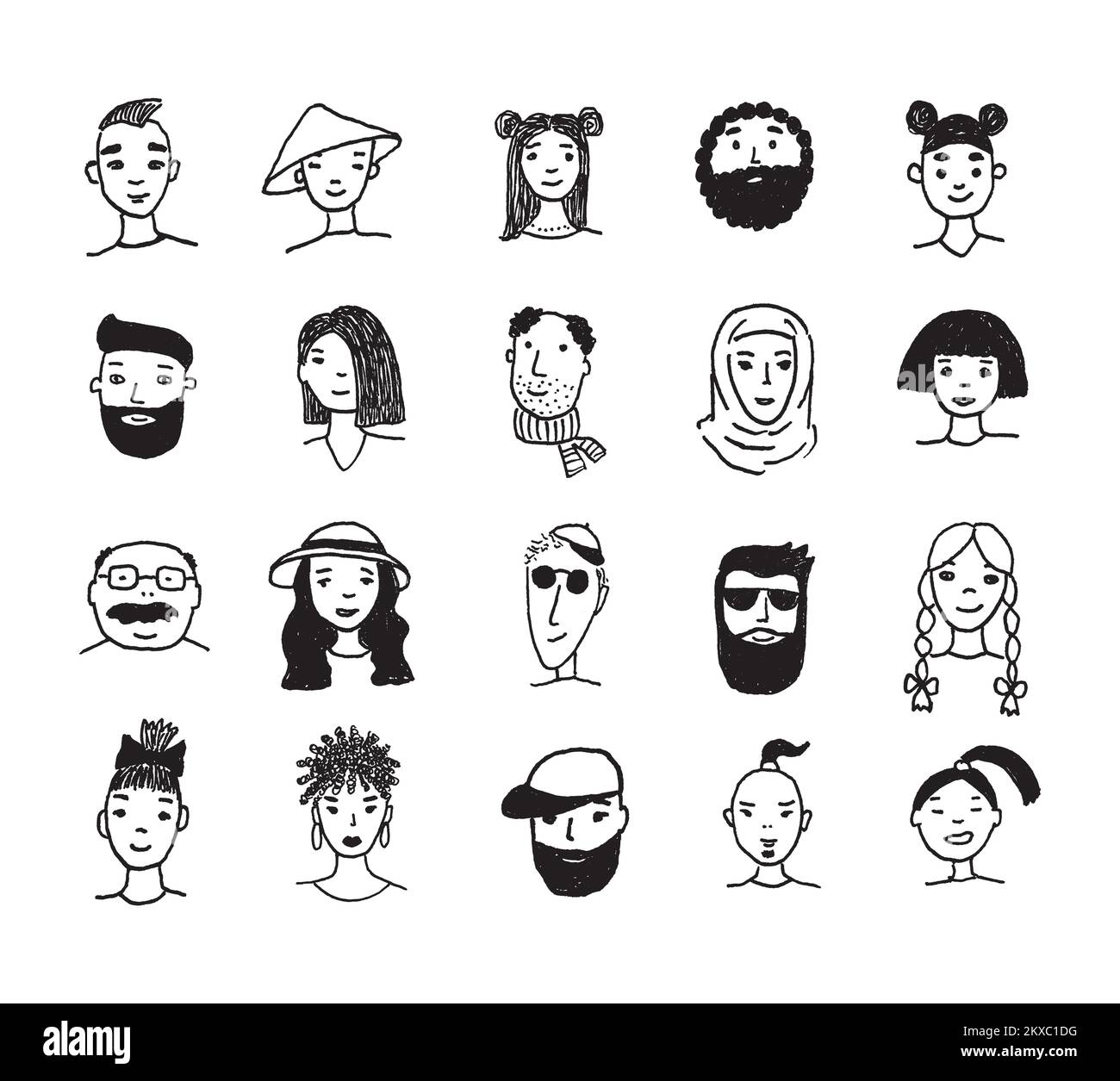 Set of people faces hand drawn in doodle style. Black lines and ...