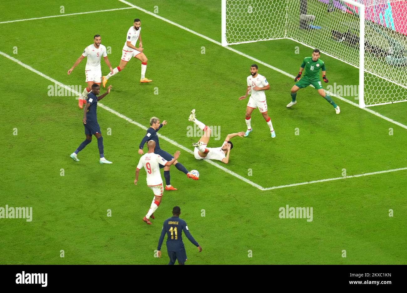 France's Antoine Griezmann (bottom) scores their side's first goal of the game before being ruled out for offside via VAR during the FIFA World Cup Group D match at the Education City Stadium in Al Rayyan, Qatar. Picture date: Wednesday November 30, 2022. Stock Photo