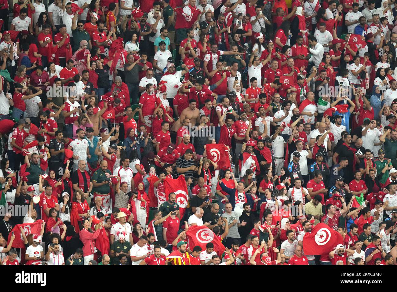 Tunisia's Wahbi Khazri celebrates scoring their side's first goal of the game with fans during the FIFA World Cup Group D match at the Education City Stadium in Al Rayyan, Qatar. Picture date: Wednesday November 30, 2022. Stock Photo
