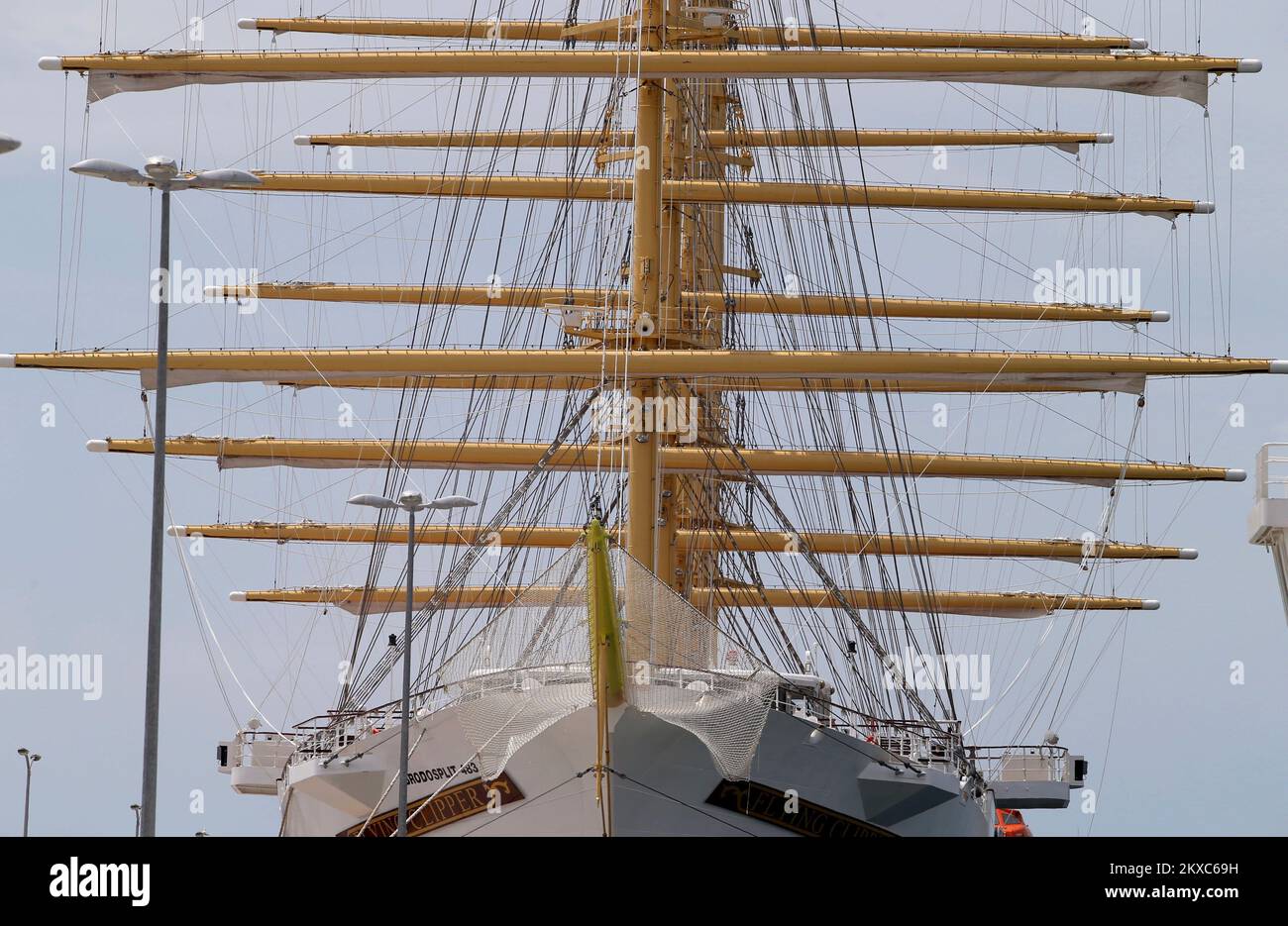 15.07.2019., Split, Croatia - 162 meters long and 18.5 meters wide, with a deadweight of 2000 tons will have five masts and sails with the overall surface of 6.347 square meters. The type of clipper sailing boat with such sail-plan is called Bark. Flying Clipper has five decks, with accommodation for 450 persons, 300 passengers in 150 luxury cabins, and 74 crew cabins for 150 crew members. Photo: Ivo Cagalj/PIXSELL  Stock Photo