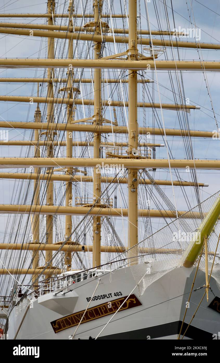 15.07.2019., Split, Croatia - 162 meters long and 18.5 meters wide, with a deadweight of 2000 tons will have five masts and sails with the overall surface of 6.347 square meters. The type of clipper sailing boat with such sail-plan is called Bark. Flying Clipper has five decks, with accommodation for 450 persons, 300 passengers in 150 luxury cabins, and 74 crew cabins for 150 crew members. Photo: Ivo Cagalj/PIXSELL  Stock Photo