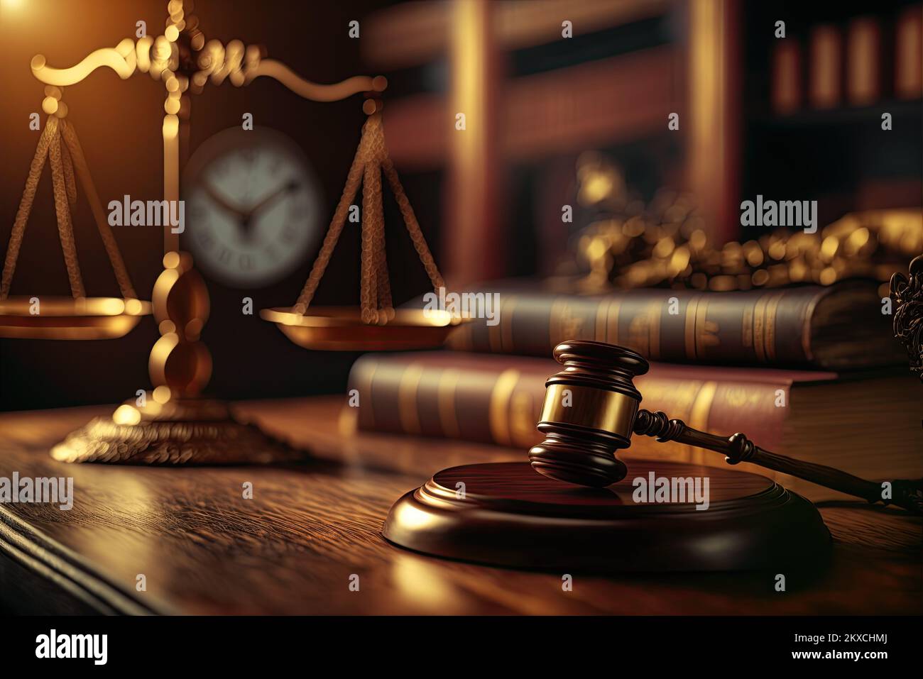A close-up of a wooden lawyer table with a judge's gavel and a golden weight scale. Blurred shelves of a library in the background. it conveys the Stock Photo