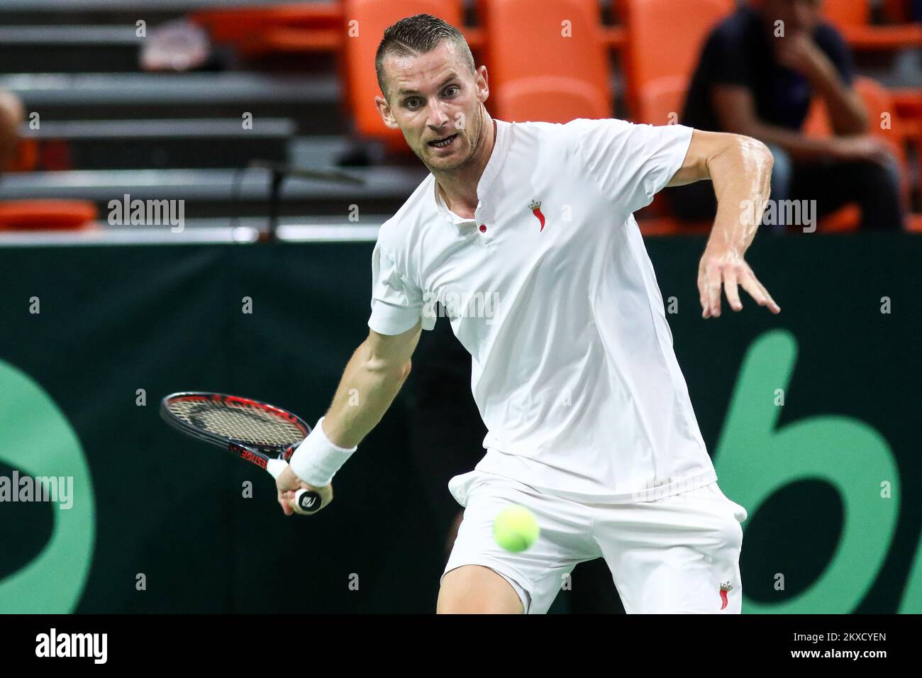 14.09.2019., City Arena Husejin Smajlovic, Zenica, Bosna i Hercegovina - Davis Cup meeting between Bosnia and Herzegovina and the Czech Republic. Tennis match Tomislav Brkic - Jiri Vesely. Tomislav Brkic Bosnia and Herzegovina, Zenica Photo: Armin Durgut/PIXSELL  Stock Photo