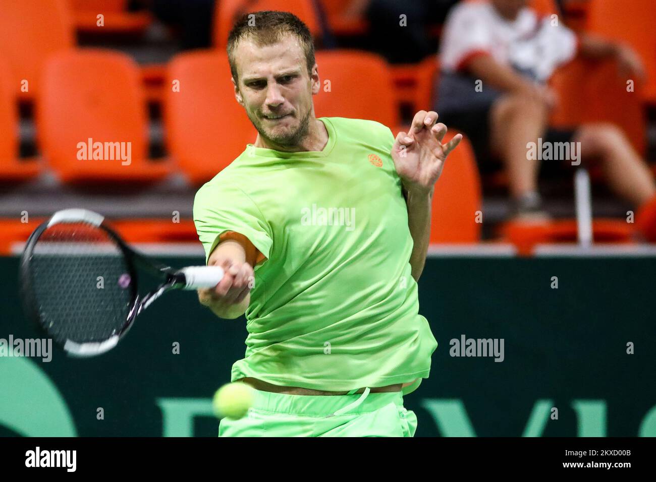 15.09.2019., Husejin Smajlovic City Arena, Zenica, Bosnia and Herzegovina - Davis Cup meeting between Bosnia and Herzegovina and the Czech Republic.. Tennis match Mirza Basic - Jiri Vesely. Mirza Basic Bosnia and Herzegovina, Zenica Photo: Armin Durgut/PIXSELL  Stock Photo