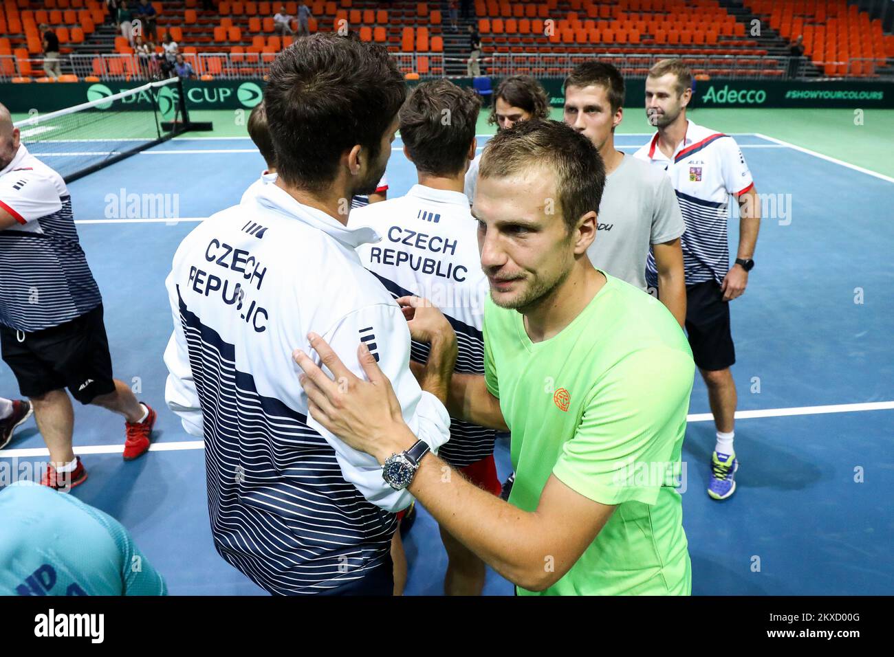 15.09.2019.,Husejin Smajlovic City Arena, Zenica, Bosnia and Herzegovina - Davis Cup meeting between Bosnia and Herzegovina and the Czech Republic. Czech national team celebrates after winning 3:2. Bosnia and Herzegovina, Zenica Photo: Armin Durgut/PIXSELL  Stock Photo