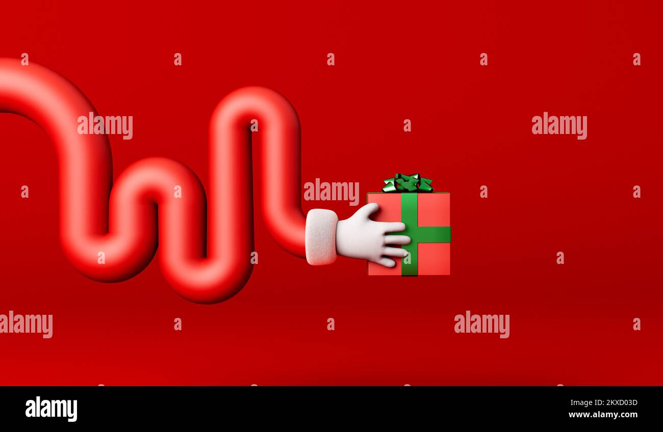 Cartoon father christmas curvy arm holding a gift box festive present. 3D Rendering Stock Photo
