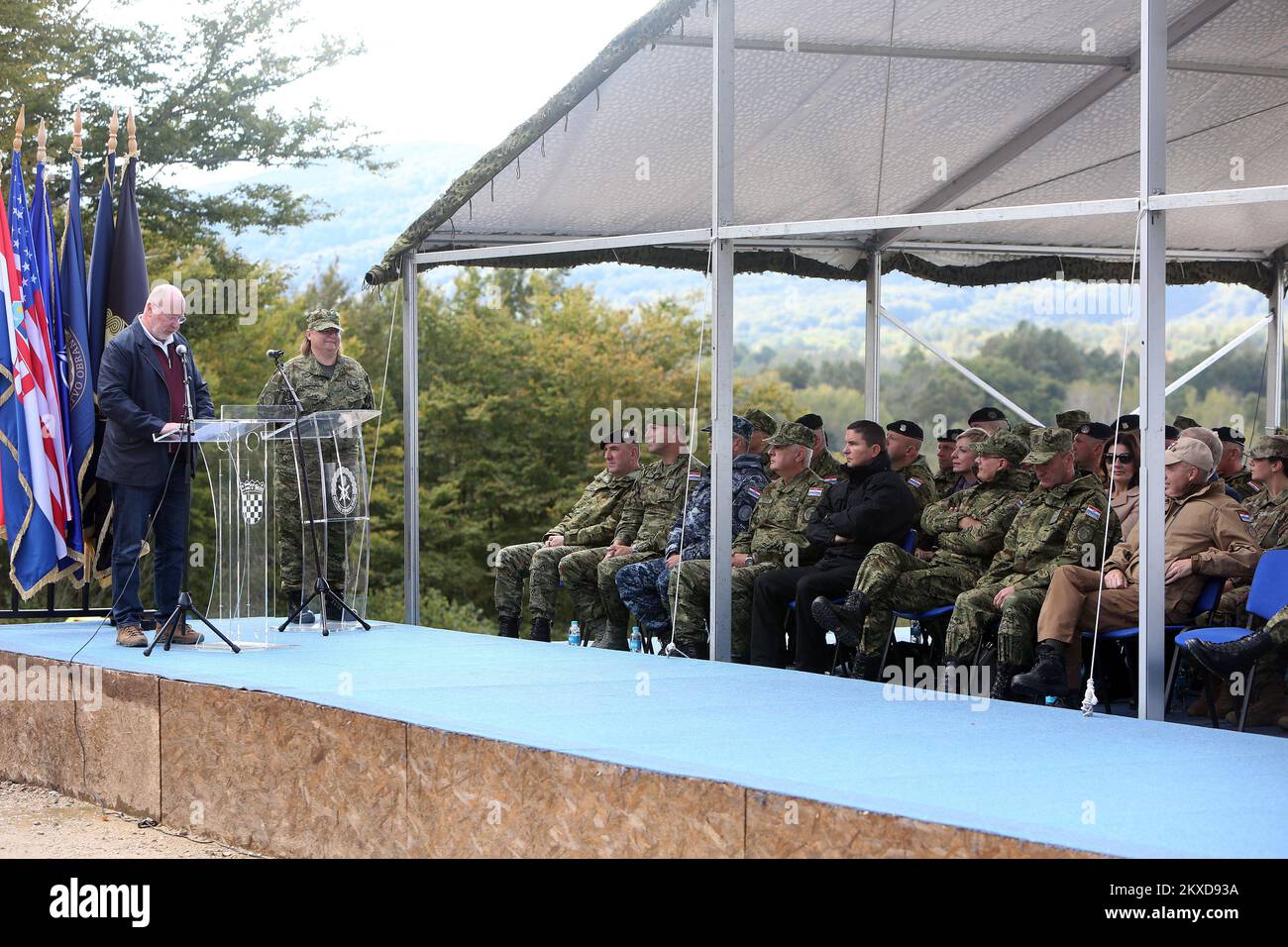 04.10.2019., Croatia, Slunj - At the military training ground 'Eugen Kvaternik' in Slunj, a presentation of the functioning of the control and surveillance tower, donation of the United States Government to the Croatian Army, was held. It is a Range Control Tower, built by the US Air Force Command in Europe, which will ensure the safe and successful conduct and supervision of training and exercises in combat firing at the military firing range of Eugen Kvaternik. â€œIn Slunj. As part of the presentation of the RC tower, a methodical demonstration of JTAC capabilities was held with the particip Stock Photo