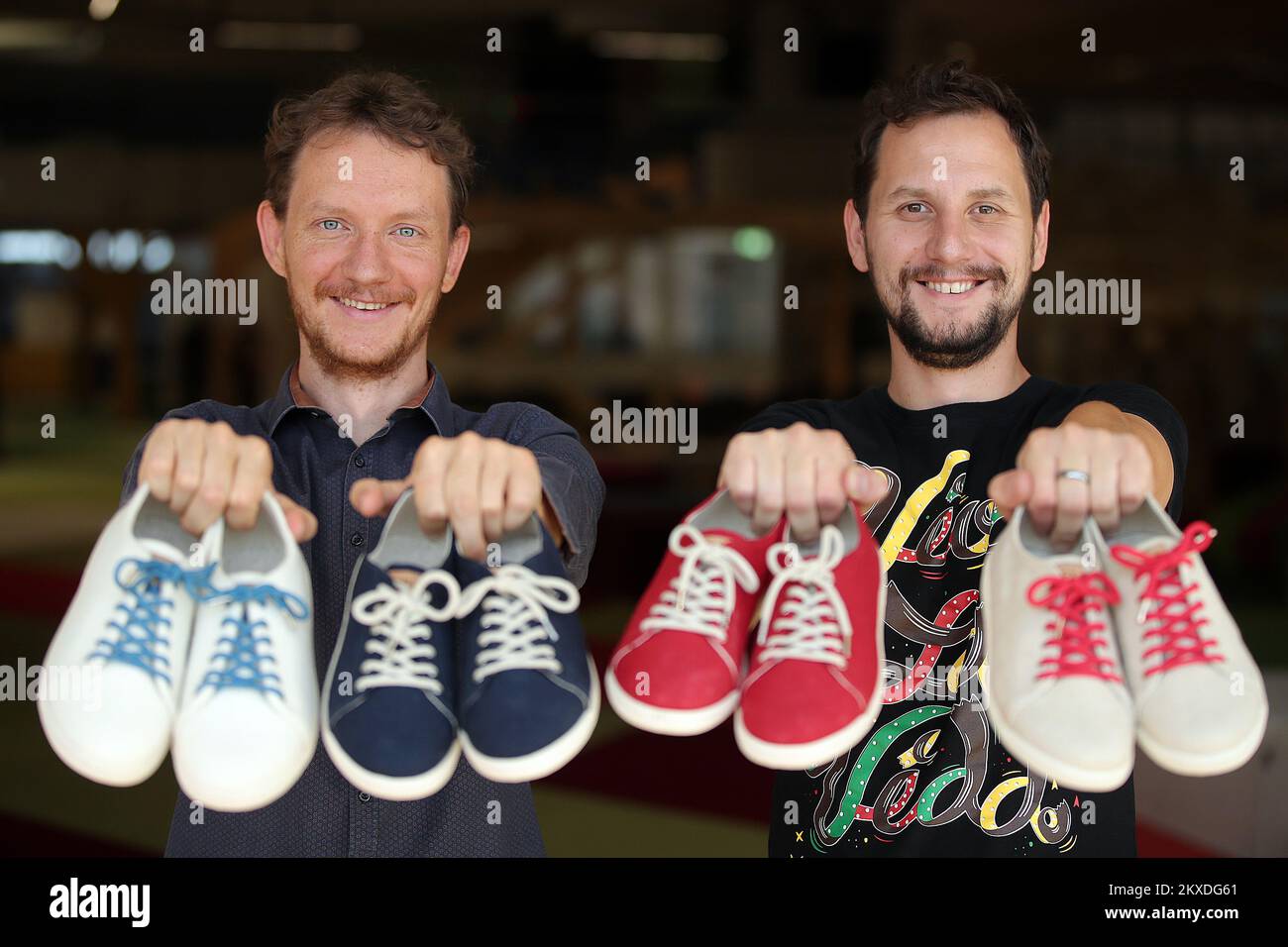 04.09.2019., Zagreb, Croatia - Domagoj and Hrvoje Boljar from Duga Resa founded Miret and operate within the EIT Climate-KIC accelerator dedicated to fostering climate-friendly startups. The inspiration came from the brothersâ€™ late father Josip JoÅ¾a Boljar, who began producing shoes in the 90s and eventually built a business with more than 100 employees.. Through their company Miret, they developed an eco-tennis brand that is almost completely biodegradable and was started with the EIT Climate-KIC accelerator, the largest European launcher acceleration program that develops solutions which Stock Photo