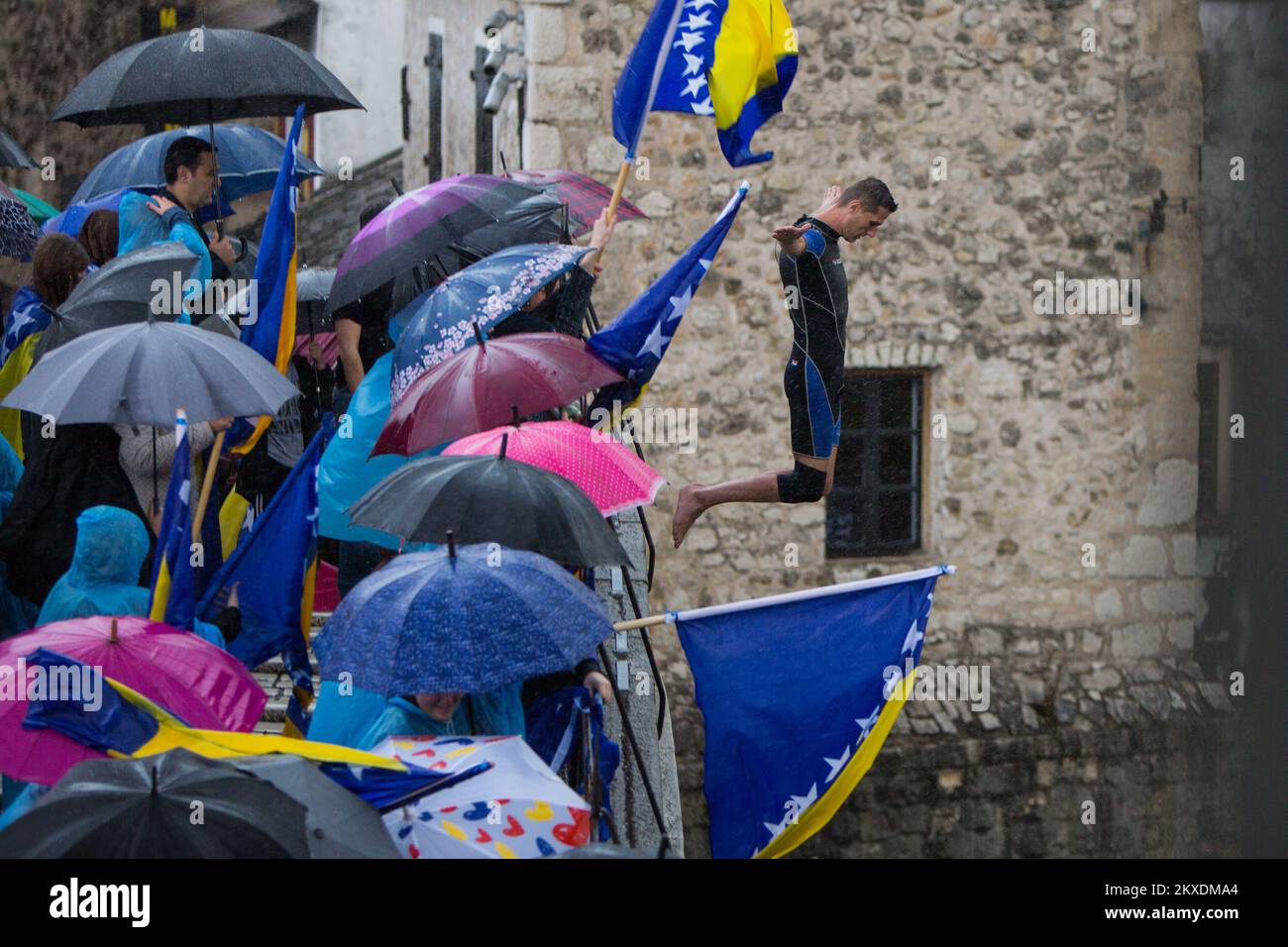 09.11.2019., Bosnia and Herzegovina, Mostar - Applause-free jump for the 26th anniversary of the demolition of the Old Bridge. The bridge was built between 1557 and 1566 and that was the order of sultan Suleiman the Magnificent. The bridge was demolished in 1993 during the war. Photo: Denis Kapetanovic/PIXSELL Stock Photo