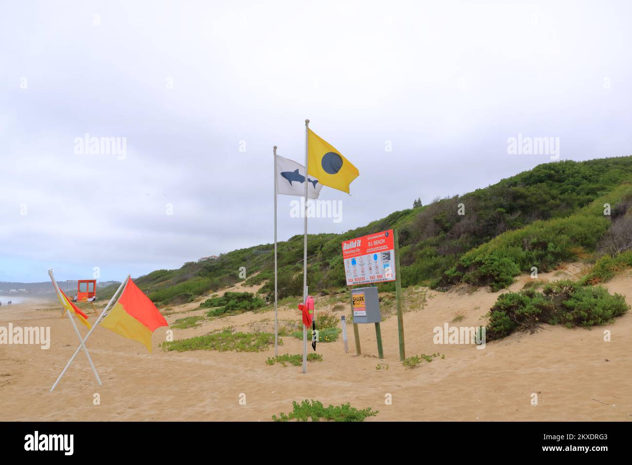 Lifeguard Equipment In Yellow And Red Colors And Shark Danger On The lifeguard-equipment-in-yellow-and-red-colors-and-shark-danger-on-the