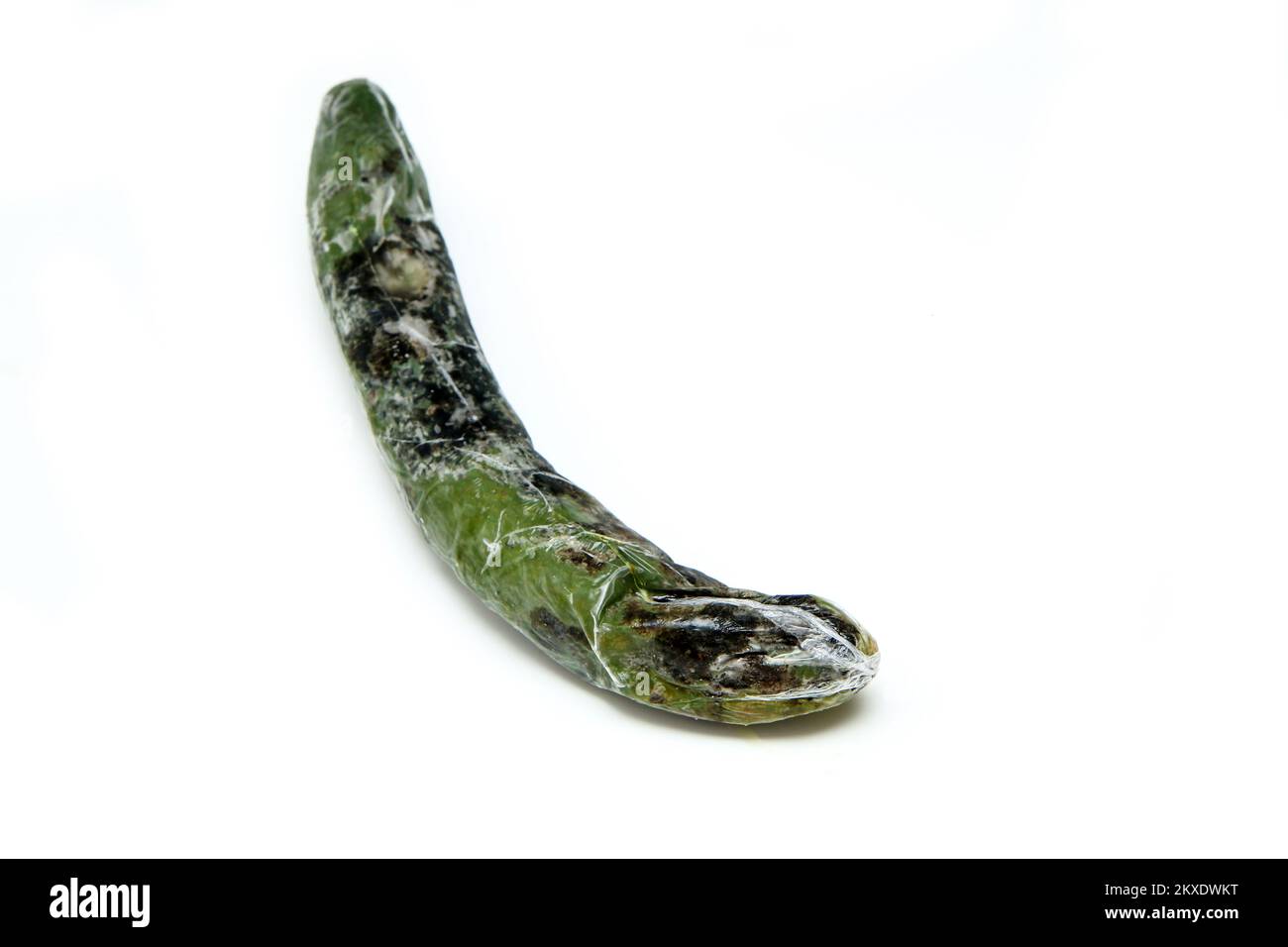 A picture of a rotten cucumber packed in the plastic foil. The foil is useless, it only damages the vegetable and it only goes mouldy. Stock Photo