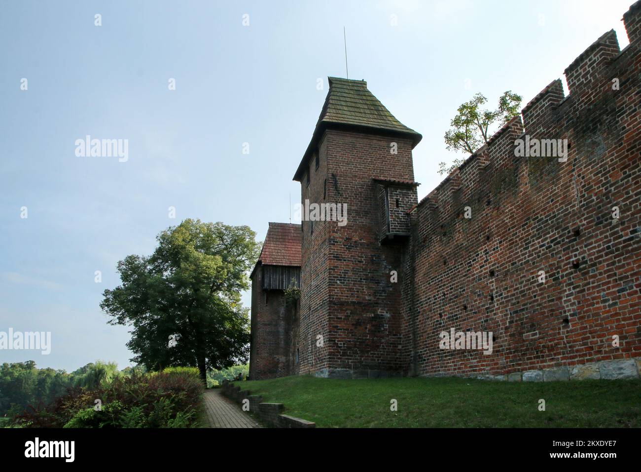 The old, brick city walls of the city of Nymburk in Czech Republic. The nice landmark and attraction for the tourists. Stock Photo