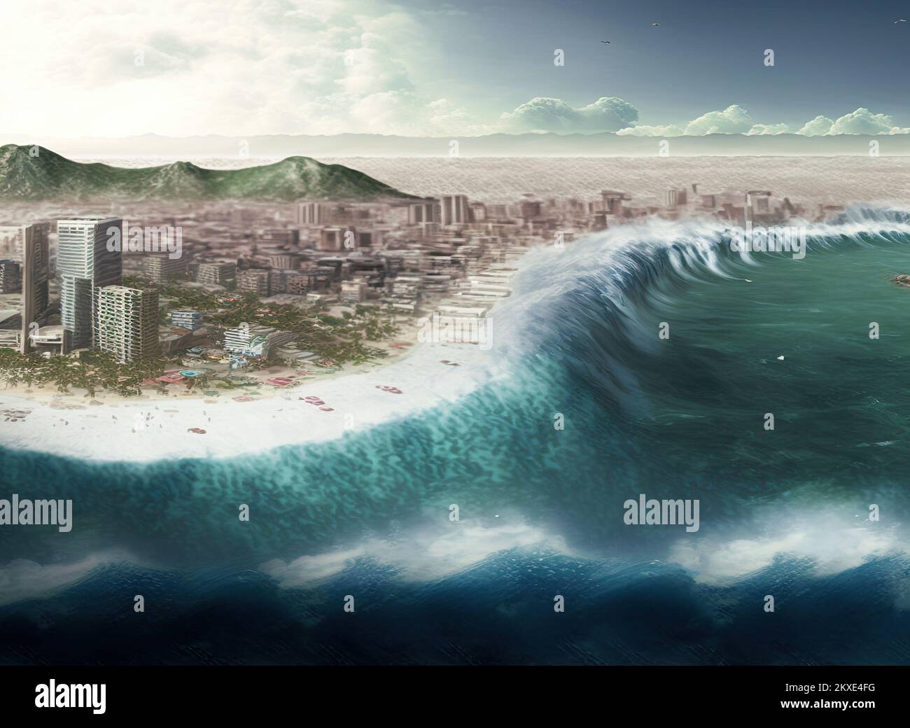 A city on a tropical beach was hit by 100-foot waves during a massive mega-tsunami. Climate change has caused many natural disasters and catastrophes. Stock Photo
