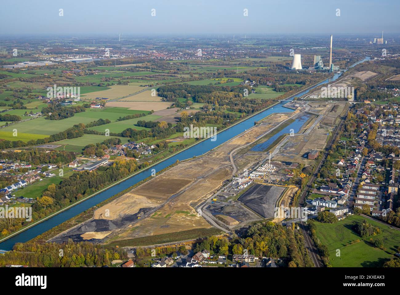 Aerial view, Wasserstadt Aden, construction area for planned urban quarter on the site of the former Haus Aden colliery, Datteln-Hamm canal, in the ba Stock Photo