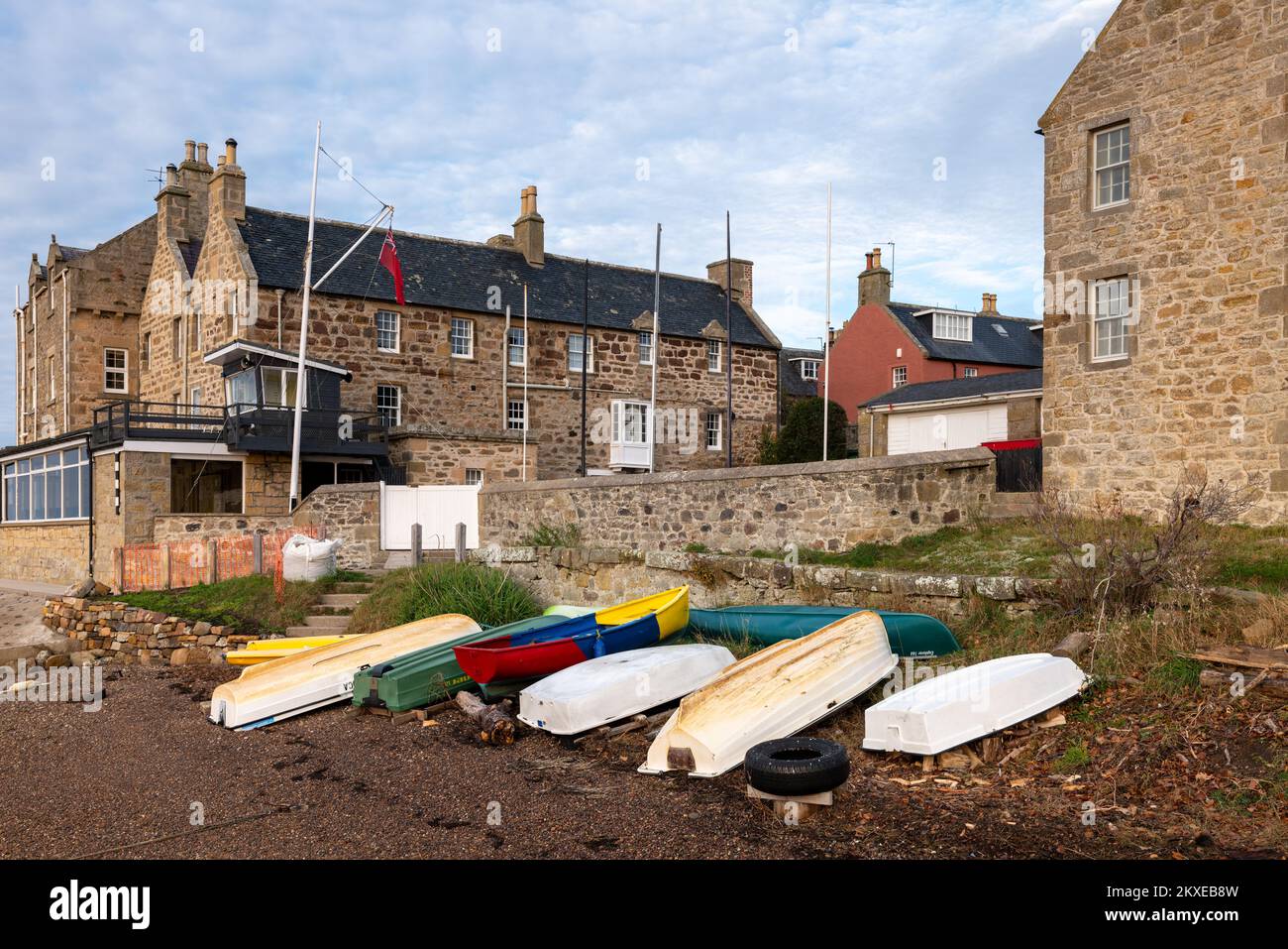30 November 2022. Findhorn,Moray,Scotland. This is a collection of small rowing boats beached for the season within Findhorn Bay in Moray. Stock Photo