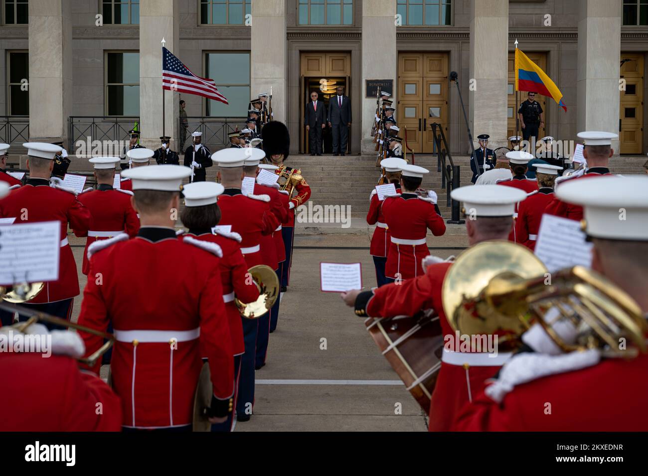Arlington, United States Of America. 29th Nov, 2022. Arlington, United States of America. 29 November, 2022. U.S. Secretary of Defense Lloyd J. Austin III, stands with Colombian Defense Minister Ivan Velasquez, left, for the playing of national anthems during the arrival ceremony at the Pentagon, November 29, 2022 in Arlington, Virginia. Credit: MC2 Alexander Kubitza/DOD/Alamy Live News Stock Photo
