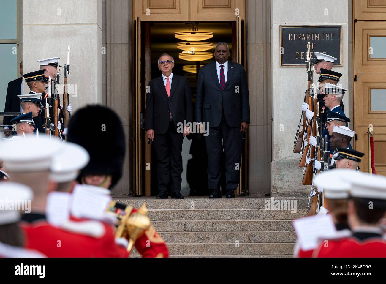 Arlington, United States Of America. 29th Nov, 2022. Arlington, United States of America. 29 November, 2022. U.S. Secretary of Defense Lloyd J. Austin III, stands with Colombian Defense Minister Ivan Velasquez, left, for the playing of national anthems during the arrival ceremony at the Pentagon, November 29, 2022 in Arlington, Virginia. Credit: MC2 Alexander Kubitza/DOD/Alamy Live News Stock Photo