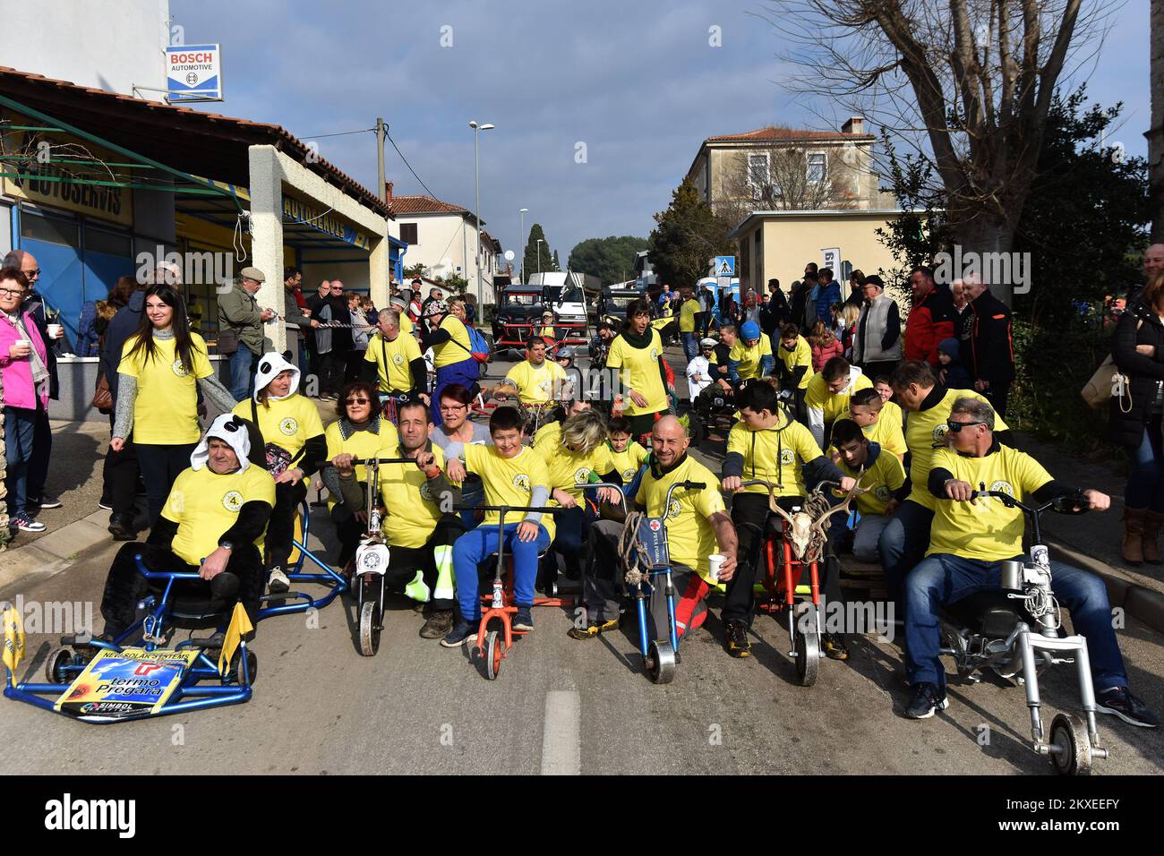 02.02.2020., Croatia, Pula - This sunday at Veli Vrh was held fourth in a row Balinjerada (soapbox race) exciting race of self-made vehicles that run on ball-bearings (known locally as "balinjere" â€“ hence the name) instead of wheels. The Balinjerada is partly a race in which the "pilots" of these unusual homemade vehicles must show their driving skills, and partly a carnival parade, in which carnival groups make ironic comments on current events in society with their imaginative constructions, in which they have invested months of effort. Photo: Dusko Marusic /PIXSELL Stock Photo