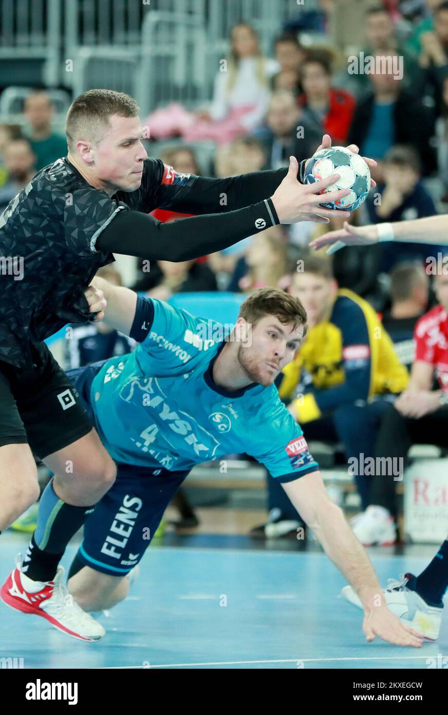 08.02.2020., Croatia, Zagreb, Arena Zagreb -Champions League Handball. PPD Zagreb - Flensburg- Handewitt. Stojnic Darko, Golla Johannes. Photo: Sanjin Strukic/PIXSELL Stock Photo