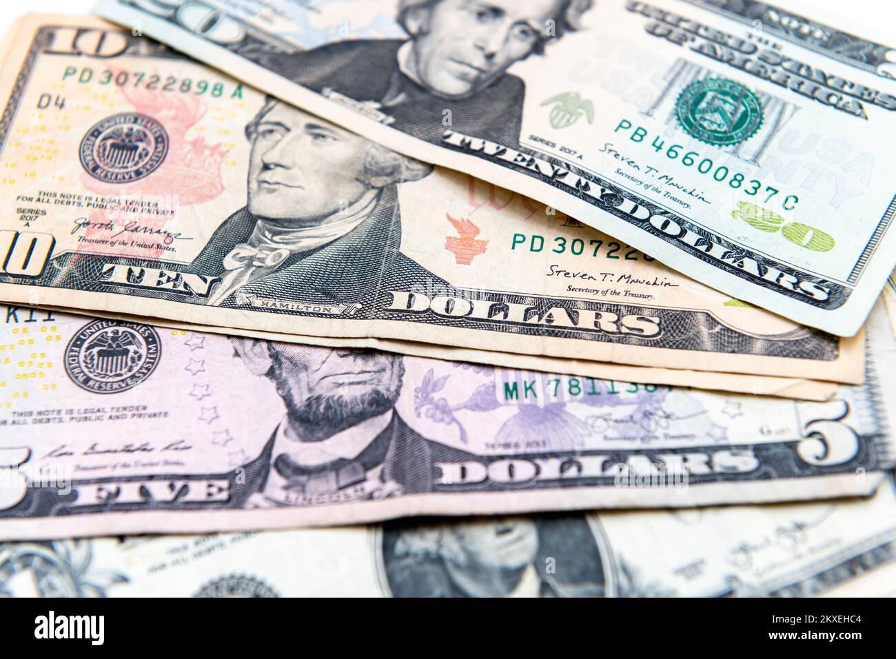 Close up of a one, five, ten and twenty US dollar bills. Stock Photo