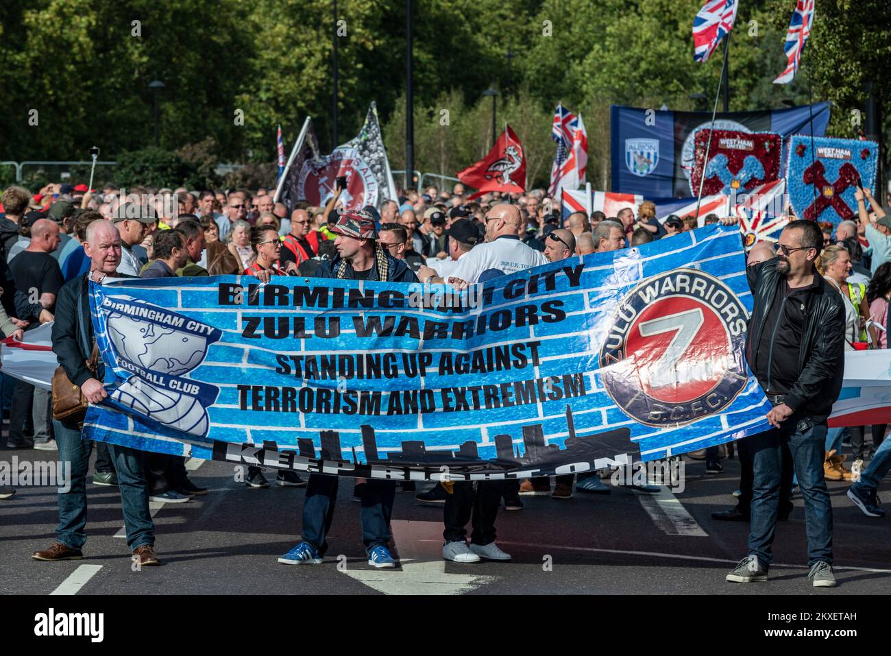 Birmingham City banner. Democratic Football Lads Alliance, DFLA, marched towards Parliament, London, UK, in a protest demonstration against terrorism Stock Photo