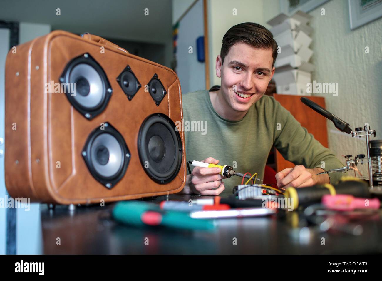 02.02.2020., Zagreb, Croatia - Electrical engineering student Dimitri Vinzenz Jerinic manufactures portable SoundBox speakers from old suitcases. Photo: Igor Kralj/PIXSELL Stock Photo