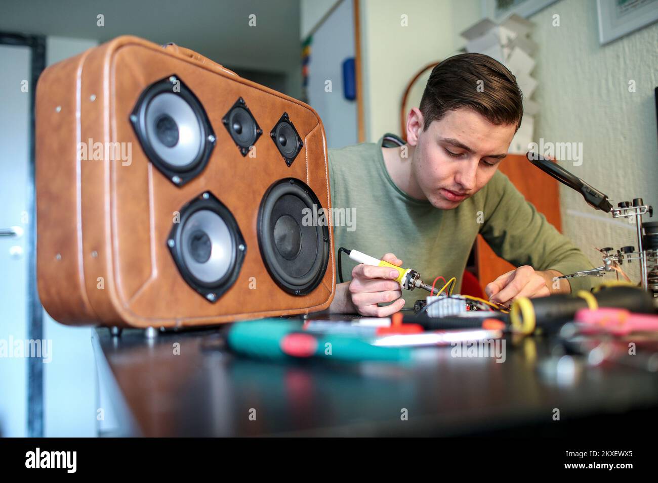 02.02.2020., Zagreb, Croatia - Electrical engineering student Dimitri Vinzenz Jerinic manufactures portable SoundBox speakers from old suitcases. Photo: Igor Kralj/PIXSELL Stock Photo