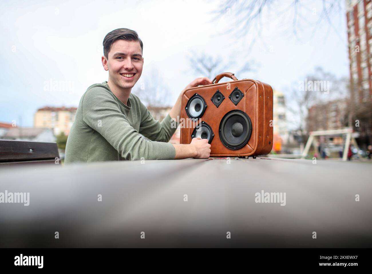 02.02.2020., Zagreb, Croatia - Electrical engineering student Dimitri Vinzenz Jerinic manufactures portable SoundBox speakers from old suitcases. Photo: Igor Kralj/PIXSELL Stock Photo