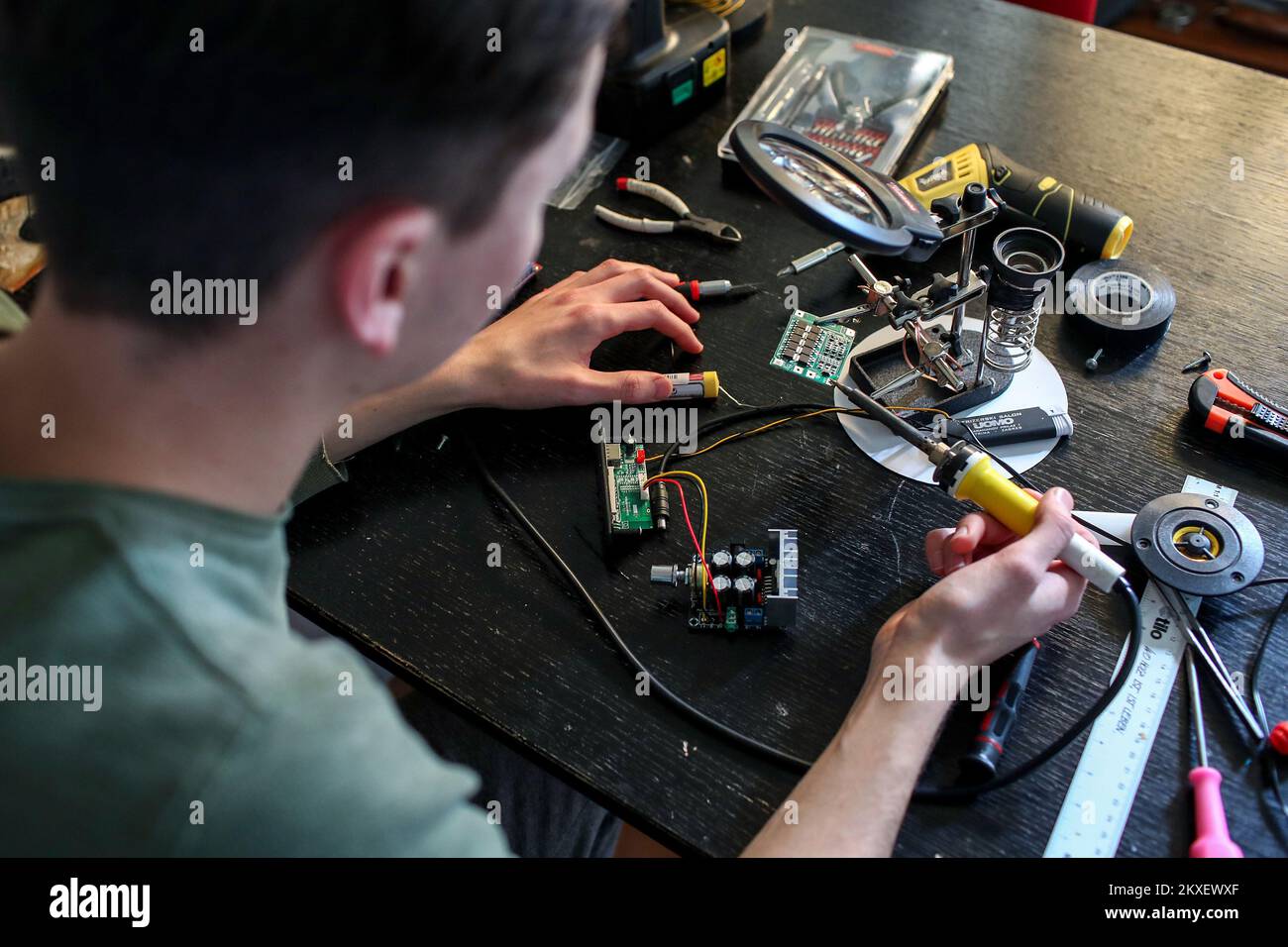 02.02.2020., Zagreb, Croatia - Electrical engineering student Dimitri Vinzenz Jerinic manufactures portable SoundBox speakers from old suitcases. Photo: Igor Kralj/PIXSELL Stock Photo