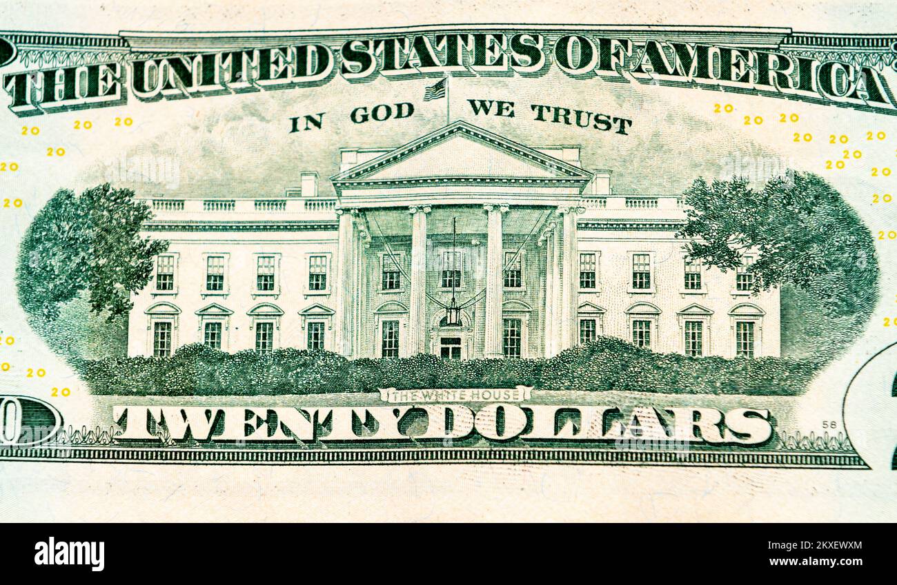 Close up of the back of a twenty US dollars bill. Stock Photo