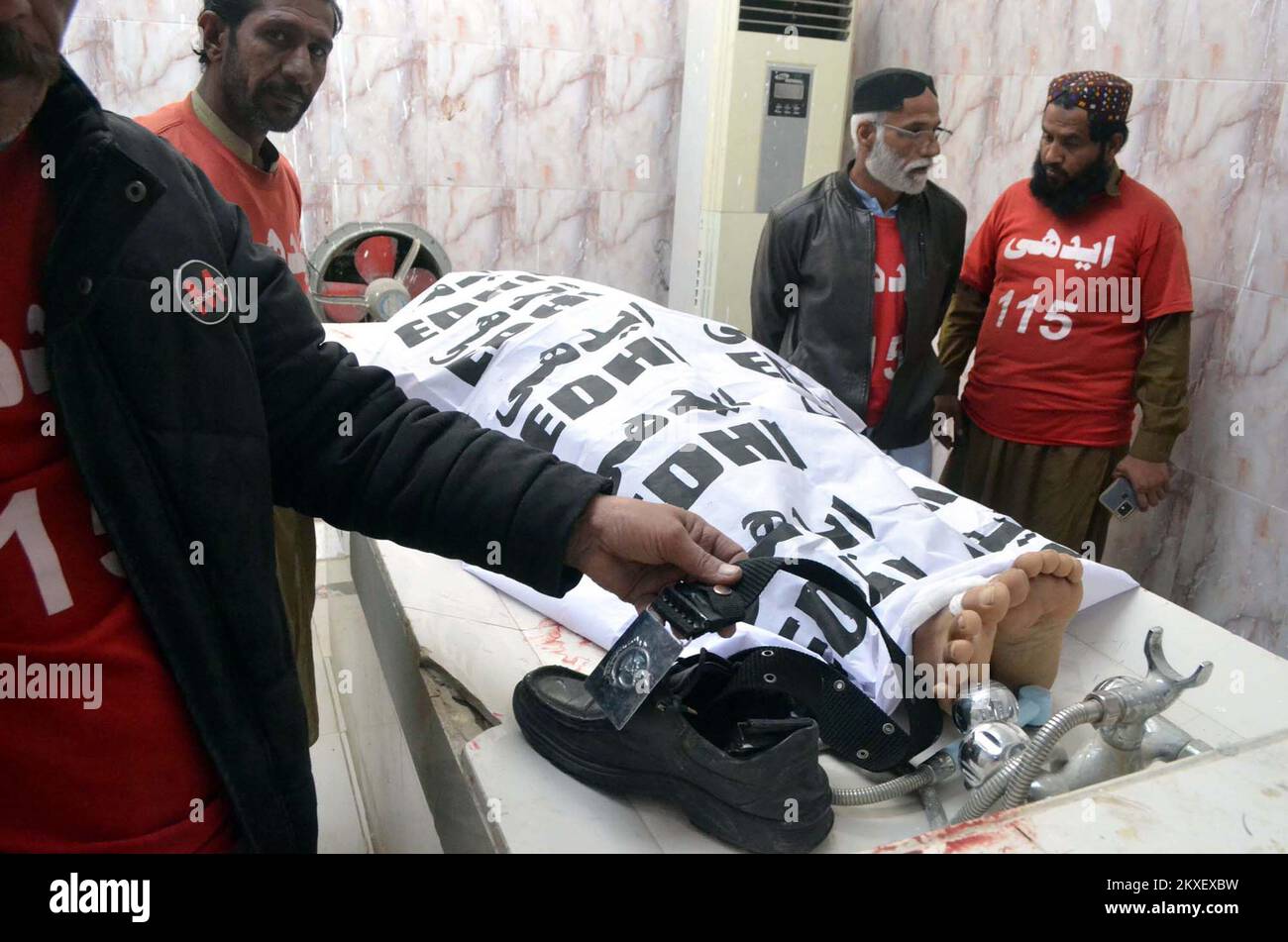Victims of Baleli blast are being shifted to the Civil Hospital in Quetta on Wednesday, November 30, 2022. A suicide bomb blast in Quetta's Baleli area on Wednesday targeted a police patrol, killing three people including a police official, and injured dozens more. Stock Photo