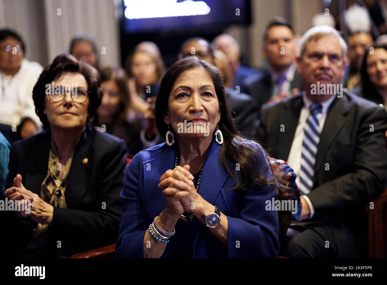 US Secretary of the Interior Deb Haaland, Senator Jacky Rosen, a Democrat from Nevada, in the audience during the White House Tribal Nations Summit at the Department of the Interior in Washington, DC, US, on Wednesday, Nov. 30, 2022. The first in-person Tribal Nations Summit of the Biden administration is allowing federal officials and Tribal leaders to engage about ways to invest in and strengthen Native communities, according to the White House. Photo by Ting Shen/Pool/ABACAPRESS.COM Stock Photo