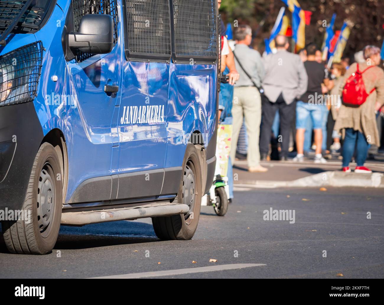 Bucharest, Romania - October 2022: Gendarmerie or romanian military police car van at a protest in Bucharest, Romania Stock Photo