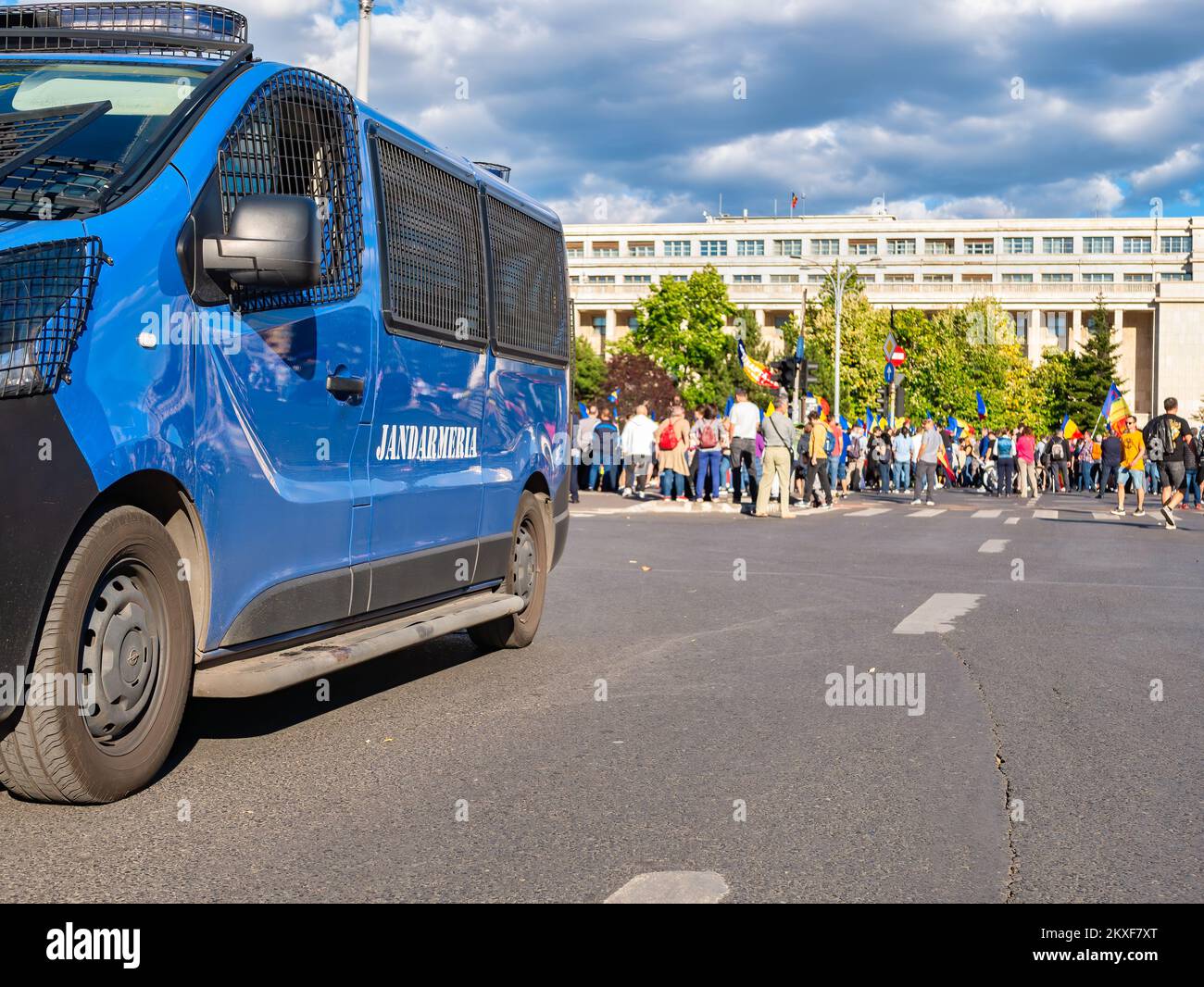 Bucharest, Romania - October 2022: Gendarmerie or romanian military police car van at a protest in Bucharest, Romania Stock Photo