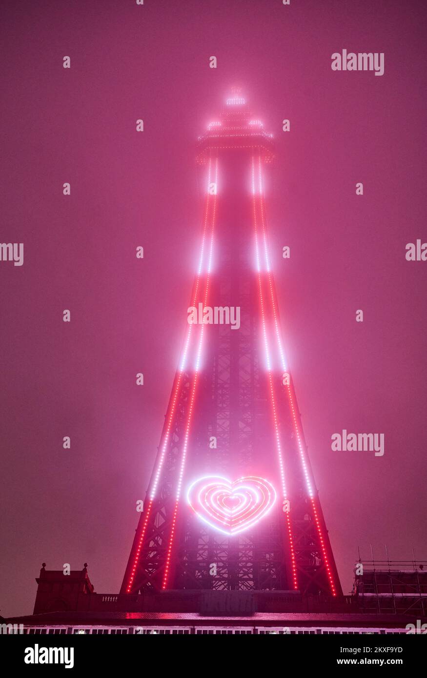 Winter fog shrouds Blackpool Tower at night Stock Photo