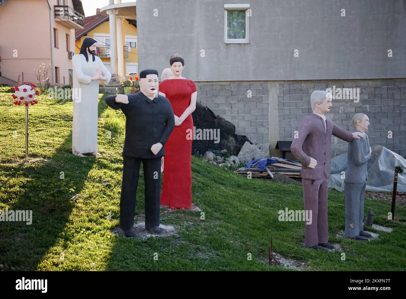 04.05.2020., Paprikovac, Banja Luka ,Bosnia and Herzegovina - Bosnian sculptor and writer Stevo Selak from Banja Luka made a monument of coronavirus. This artist is known for his statues of Donald Trump, Vladimir Putin, Jesus Christ, Kim Jong-un, Socrates and Swedish Princess Victoria located in the courtyard of his house. His first statue was in honor of Vladimir Putin. The monument to the virus, which was placed in Selak's yard is attraction for passers-by and neighbors. Photo: Dejan Rakita/PIXSELL  Stock Photo
