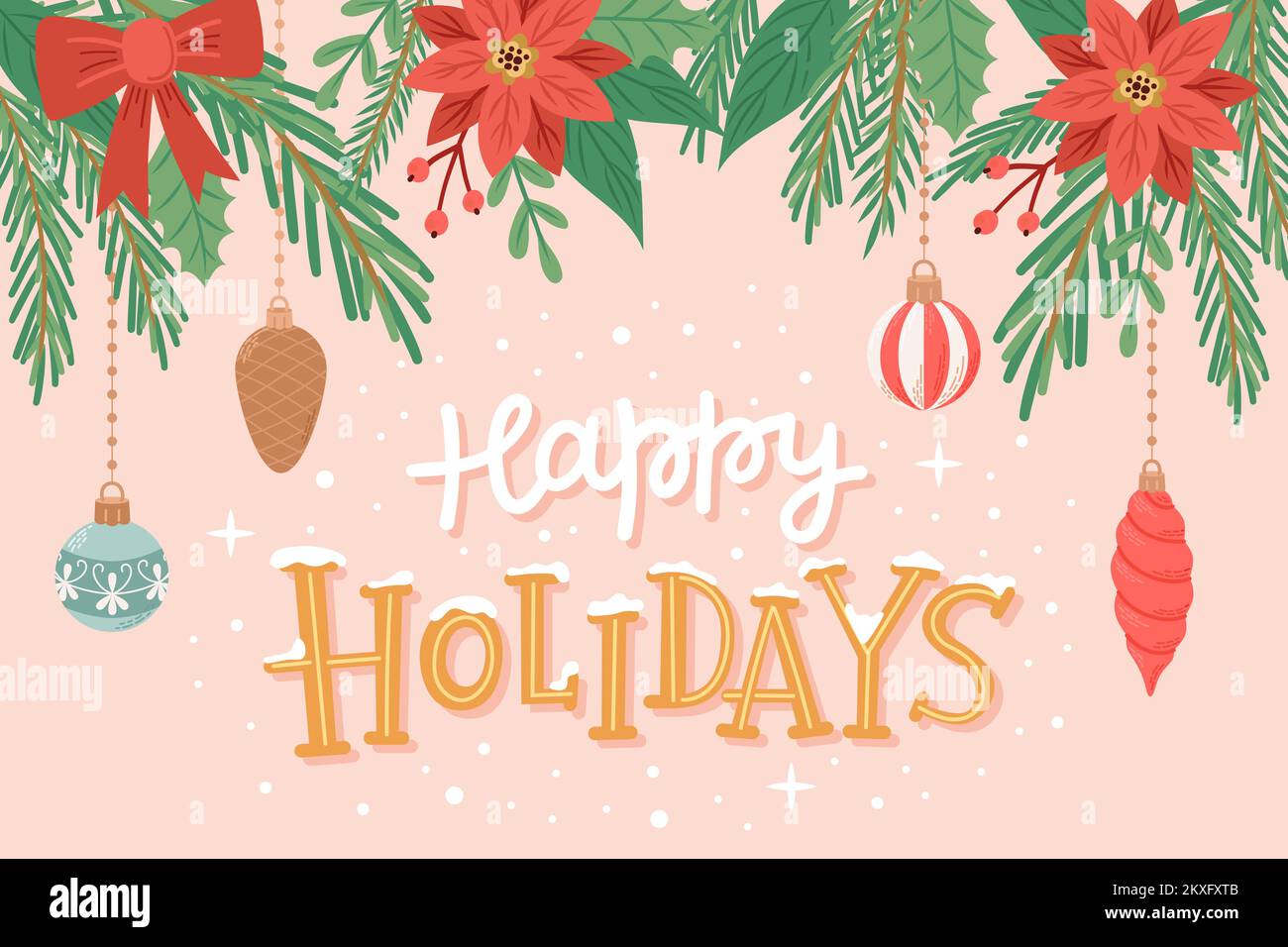 Happy holidays, greeting card with cute branches, hanging decorations ...