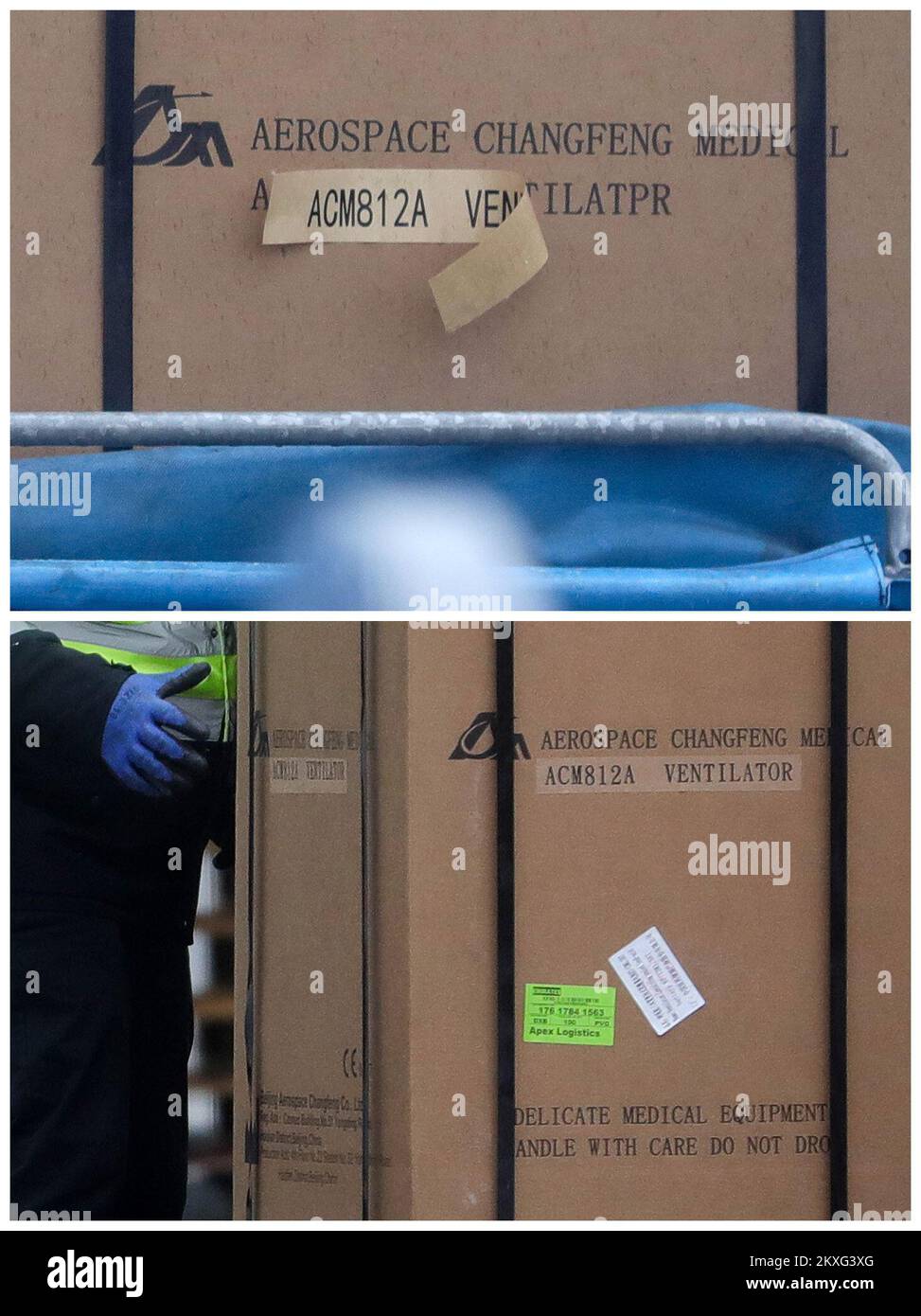27.05.2020., Sarajevo, Bosnia and Herzegovina - The Government of the United Arab Emirates donates valuable medical equipment to Bosnia and Herzegovina, including 40 respirators, 100,000 coronavirus tests, 25,000 protective clothing sets, 150,000 pairs of gloves, 150,000 N95 masks, 150,000 disposable surgical masks, 150,000 disposable protective masks, 50,000 visors and 20,000 goggles. Medical equipment arrived with Boeing 747-400 from Dubai. Photo: Armin Durgut/PIXSELL Stock Photo