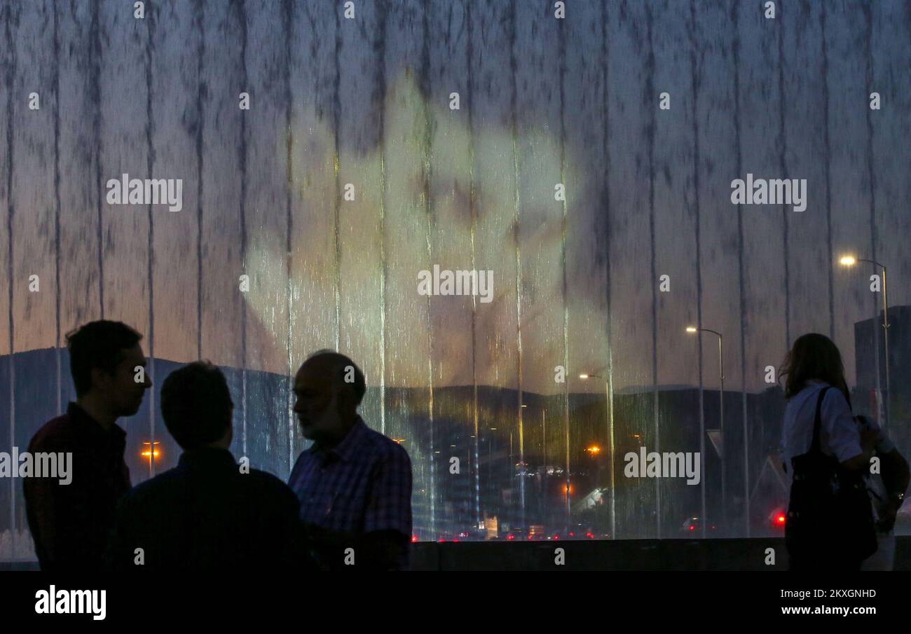 The image of Nikola Tesla is projected on a fountain on the occasion of the 164th anniversary of the birth of the scientist in Zagreb, Croatia, on July 9, 2020. Nikola Tesla was born in Croatia in 1856. He is best known for his contributions to the design of the modern alternating current (AC) electricity supply system. Photo: Matija Habljak/PIXSELL Stock Photo