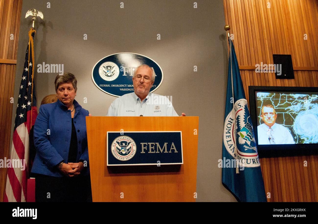 011082611  FEMA Press Conference on Hurricane Irene. Puerto Rico Hurricane Irene. Photographs Relating to Disasters and Emergency Management Programs, Activities, and Officials Stock Photo