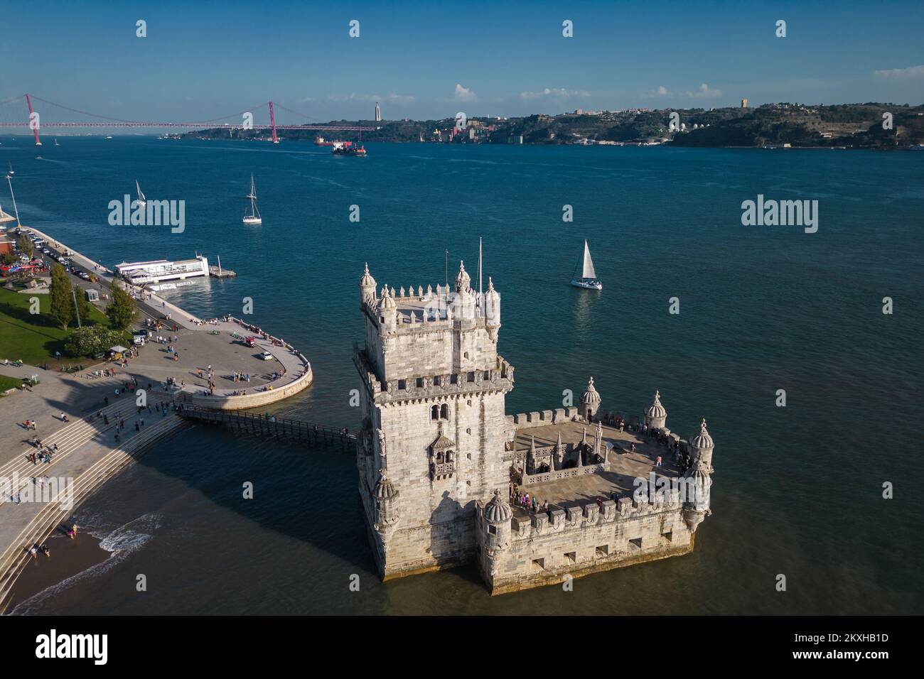 Aerial view of historic landmark Belem Tower (Portuguese: Torre de Belem ) on the northern bank of the Tagus River in Lisbon, Portugal. Stock Photo