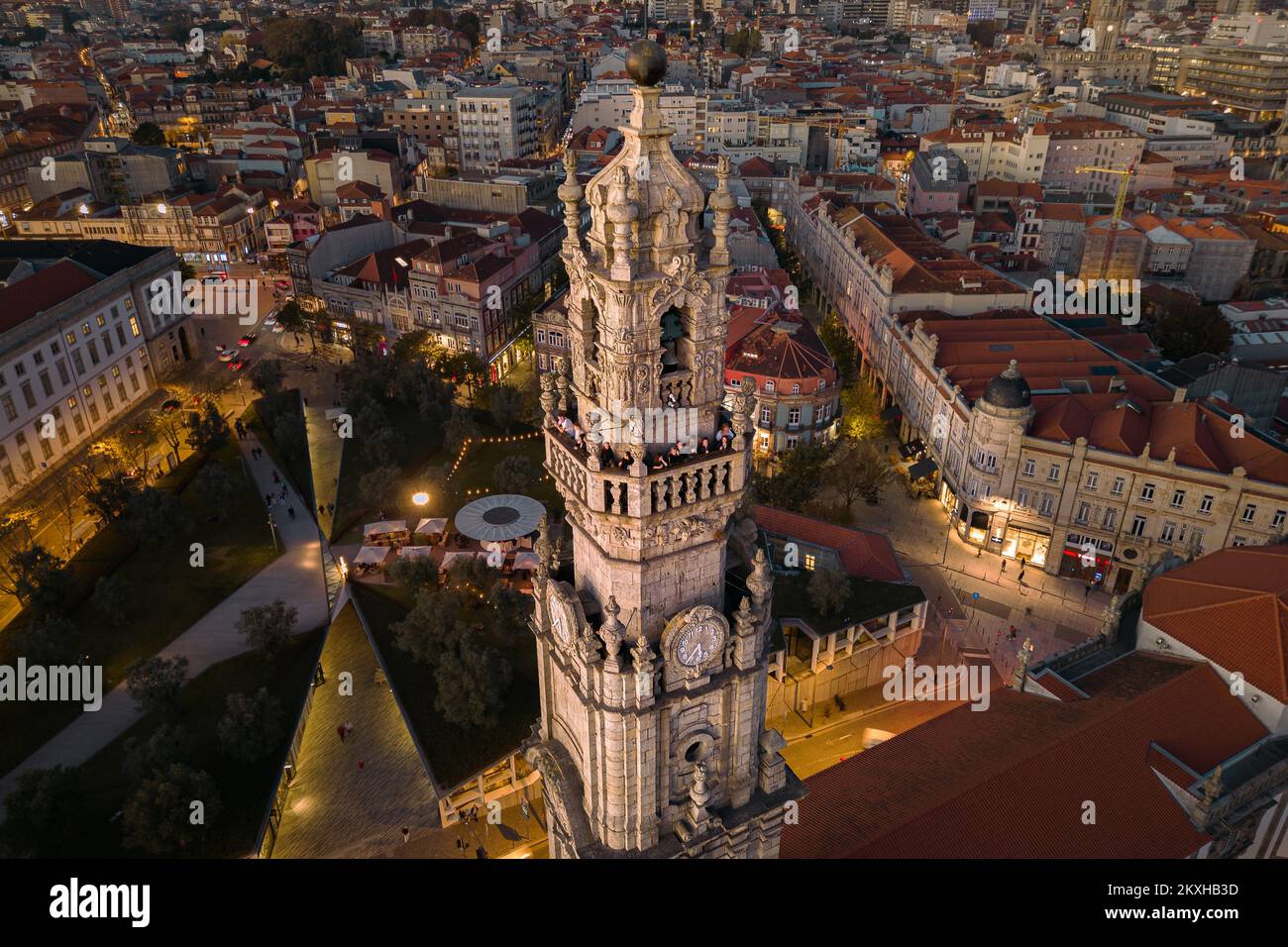 Aerial view of the 18th-century Clerigos Tower (Portuguese: Torre dos Clerigos) at dusk in Porto (Oporto), Portugal. Stock Photo
