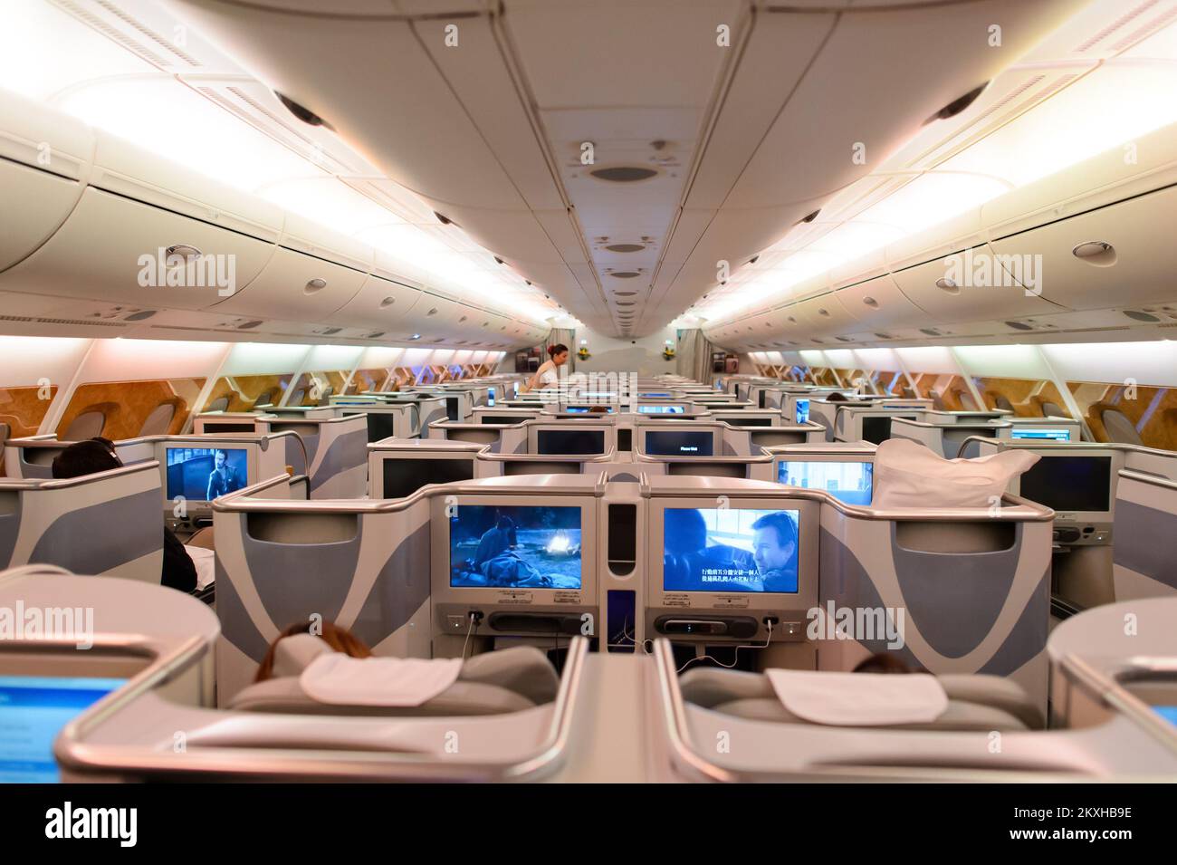 HONG KONG - JUNE 18, 2015: Emirates Airbus A380 business class interior. Emirates is one of two flag carriers of the United Arab Emirates along with E Stock Photo