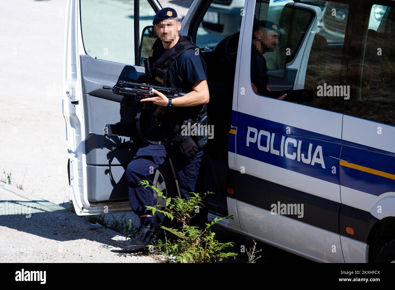 Police search for the killer in Split, Croatia, Sep. 2,2020. Branimir Caleta from Vinovac, who is on trial for the murder of a pregnant Ukrainian woman Ganne Kitaeve in 2013, escaped to the judicial police this morning at the County Court in Split. Caleta was brought to court from Bilice, but despite being handcuffed, he still managed to escape when they wanted to take him into the judicial police car. He fled across a parking lot near the court, and police fired several shots into the air as a warning. Photo: Milan Sabic/PIXSELL  Stock Photo