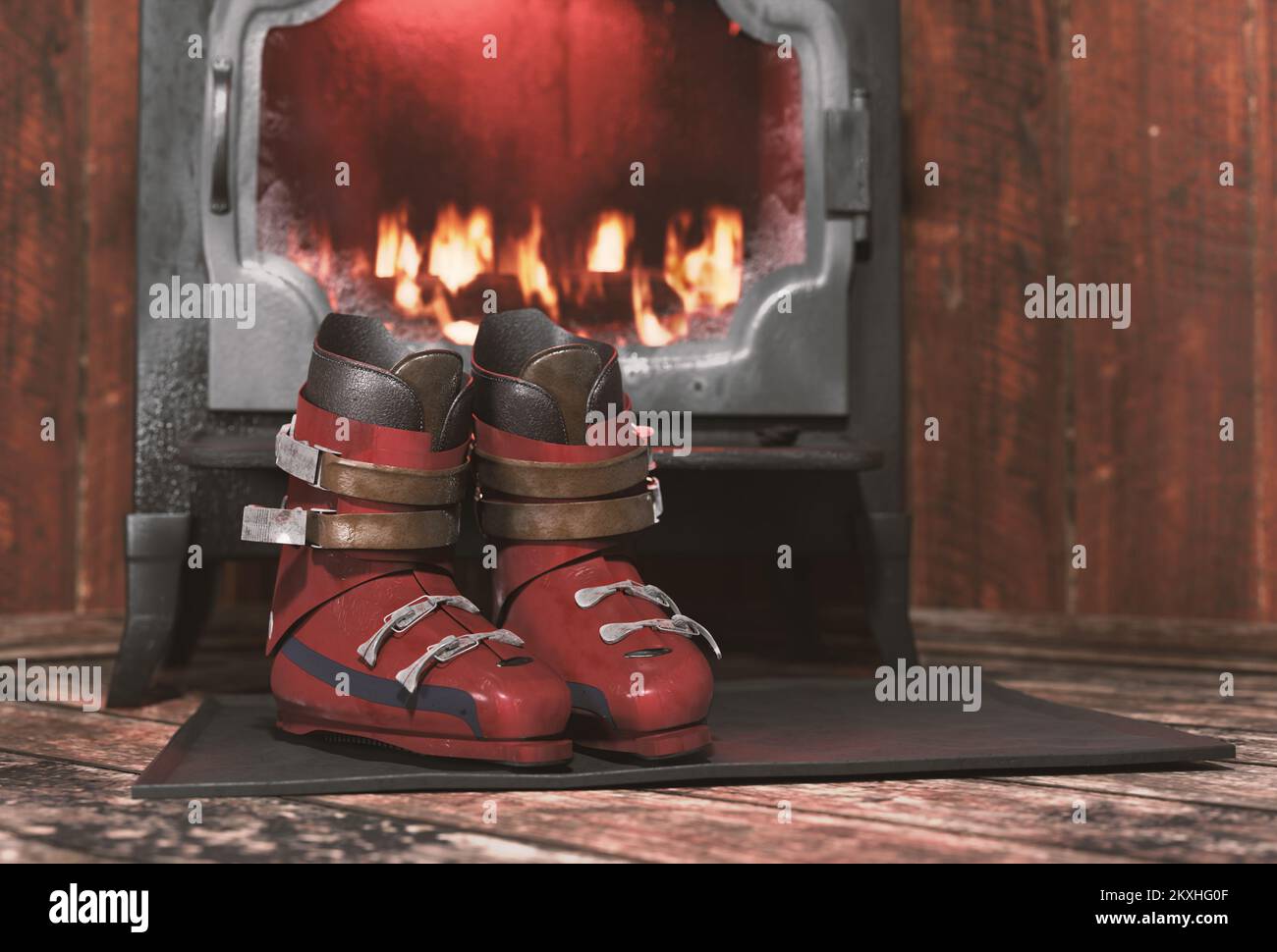 Vintage ski boots indoor cabin scene. Boots of the 70's drying in front of a  rustic stove. Close up 3d rendered view with depth of field and vintage Stock Photo